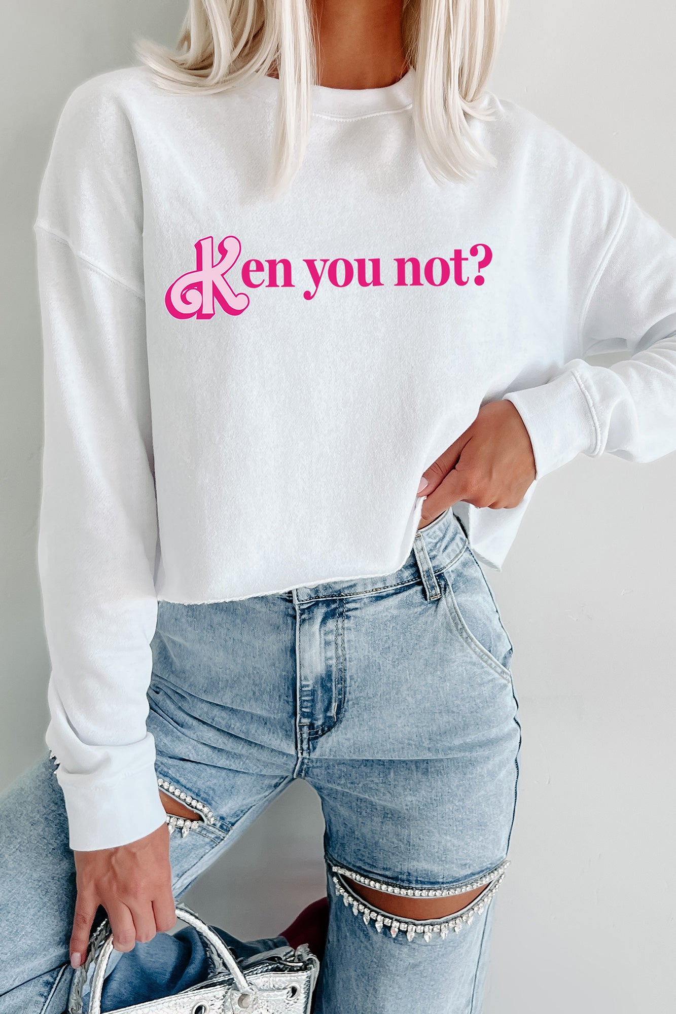 "Ken You Not?" Raw Hem Crop Graphic Crewneck (White) - Print On Demand - NanaMacs