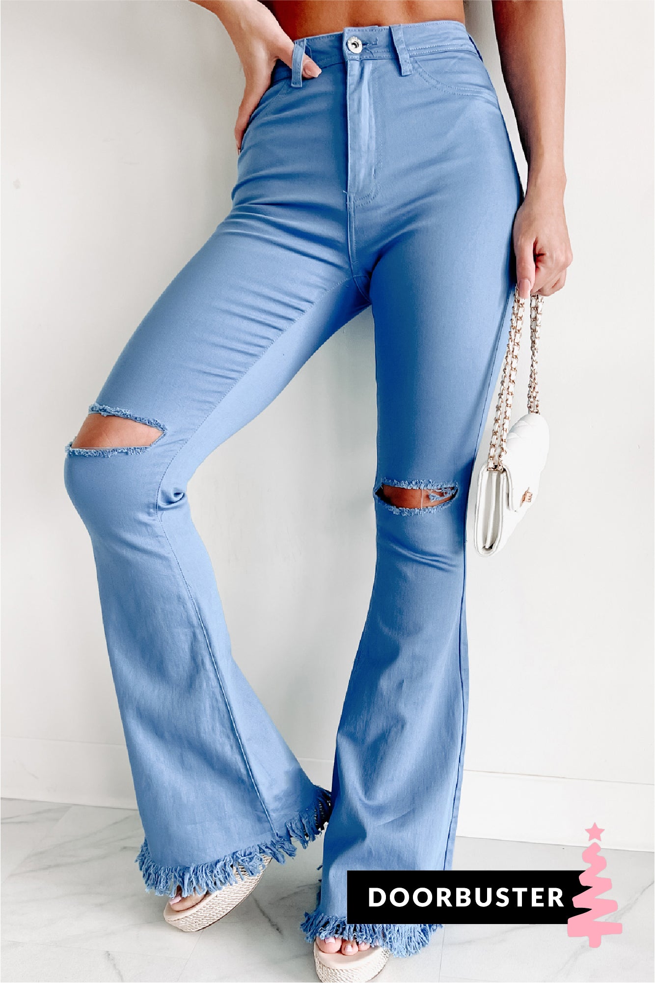 Doorbuster Bold Moves High Rise Distressed Flare Jeans (Blue) · NanaMacs