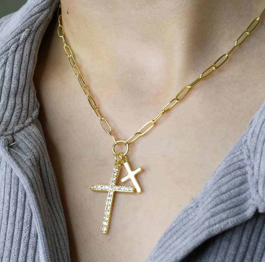 PREORDER Have A Little Faith Double Cross Necklace (Gold) - NanaMacs