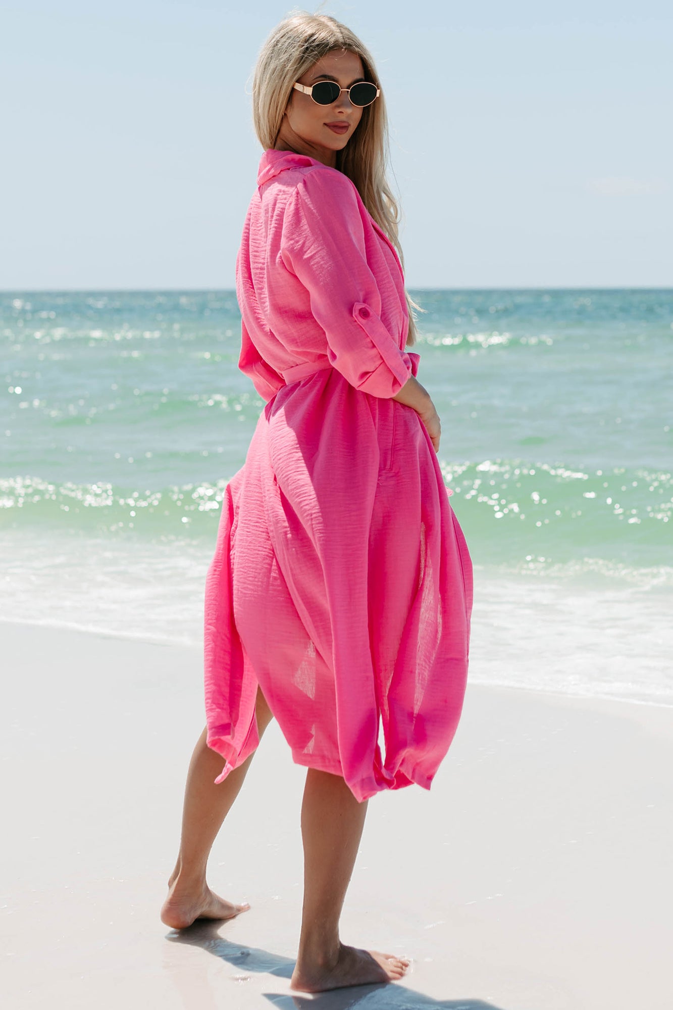 Live Colorfully Tie-Waist Linen Trench Coat (Hot Pink) - NanaMacs