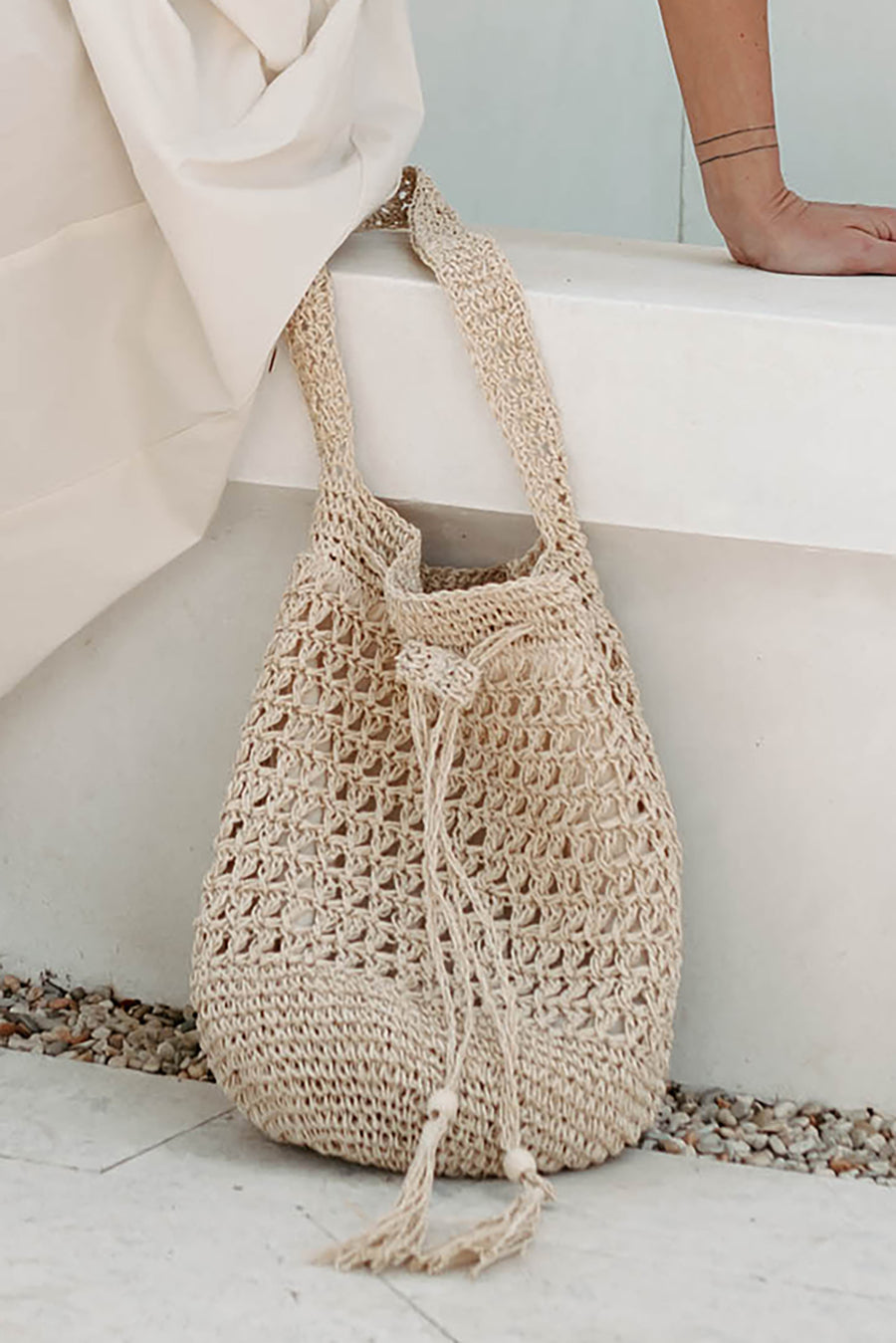 Beach Therapy Braided Straw Bucket Bag (Ivory) - NanaMacs