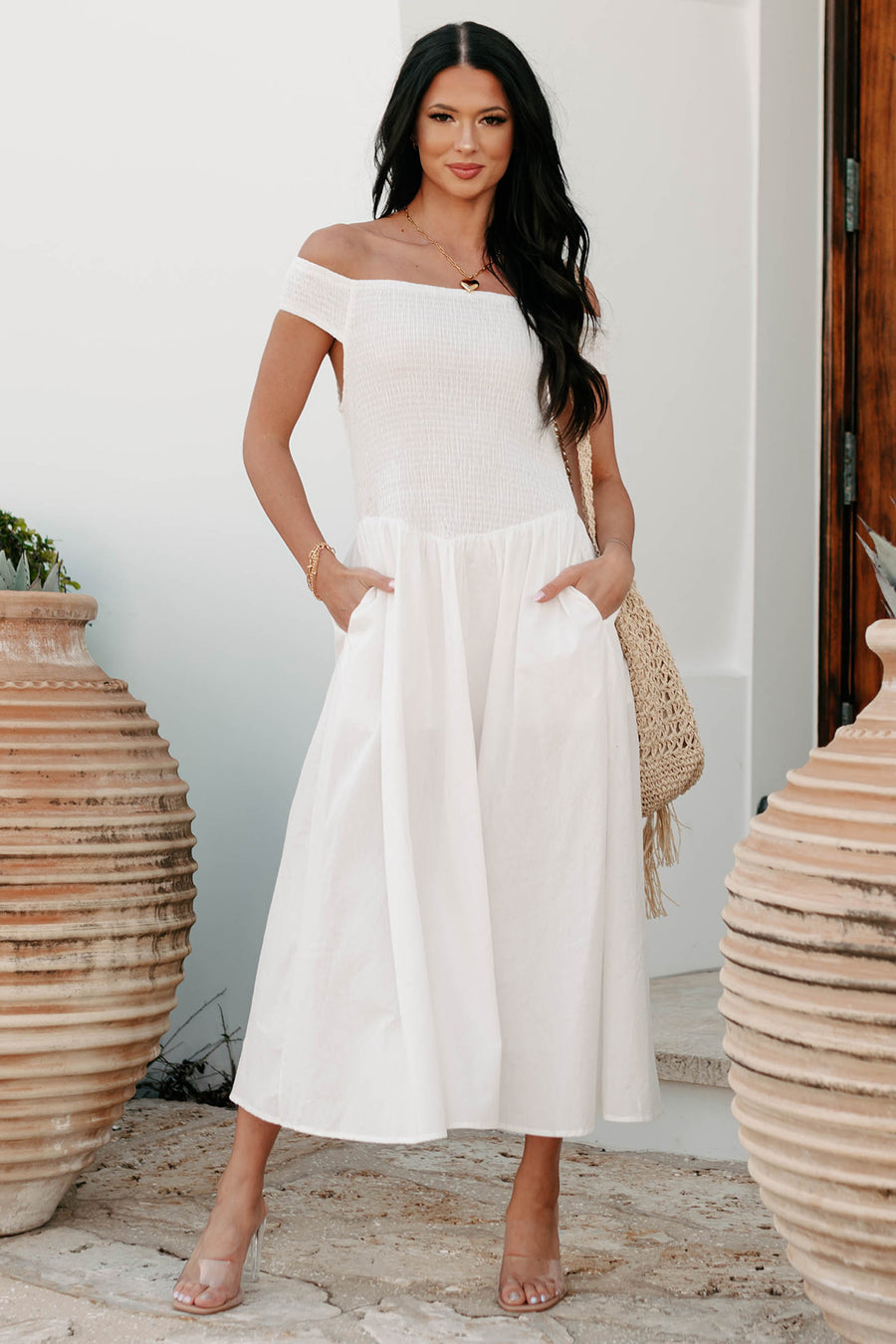 Elevated Decisions Off The Shoulder Smocked Midi Dress (Snow)