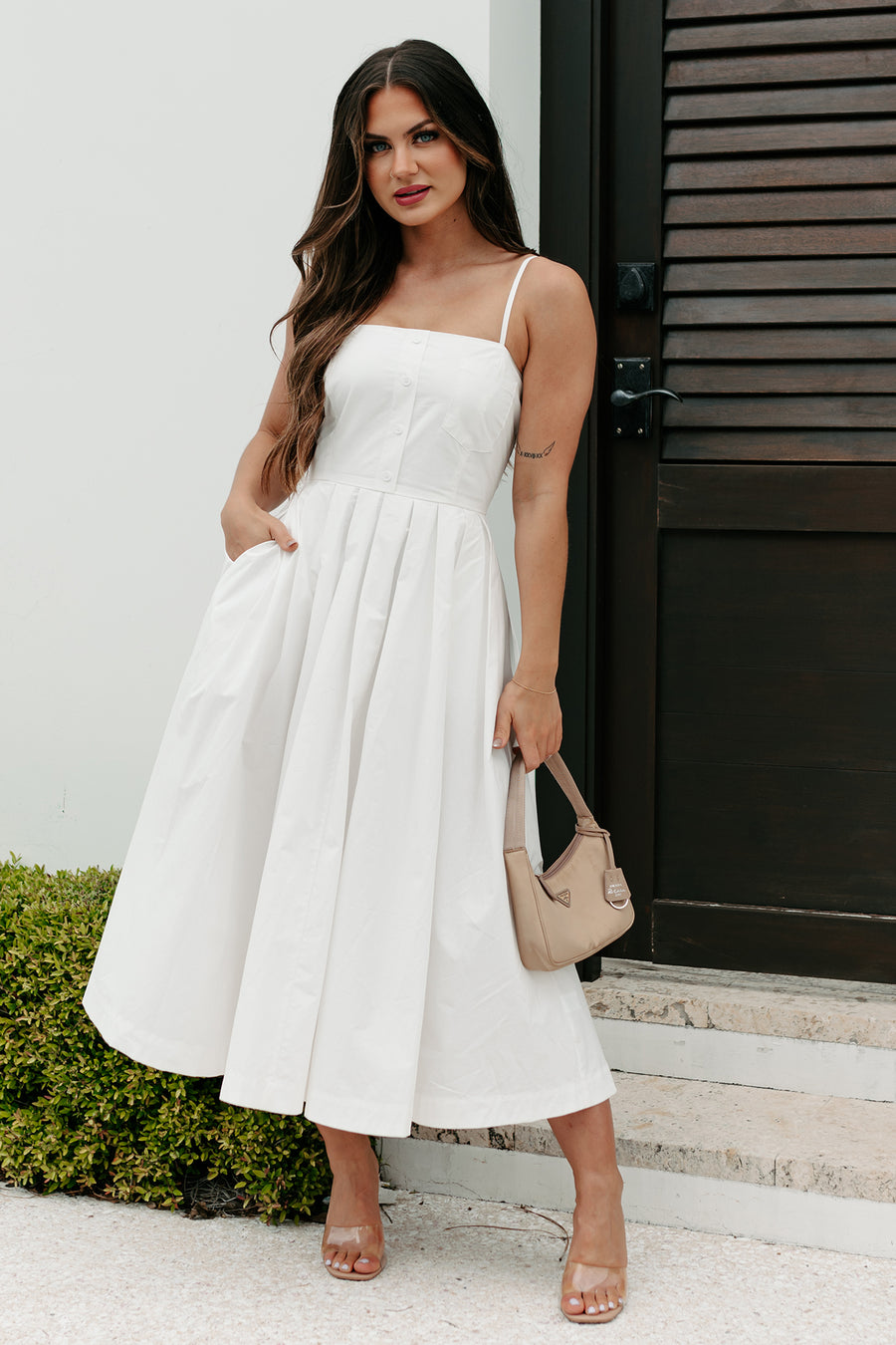 Clean Aesthetic Pleated Button Detail Midi Dress (White)