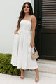 Clean Aesthetic Pleated Button Detail Midi Dress (White) - NanaMacs