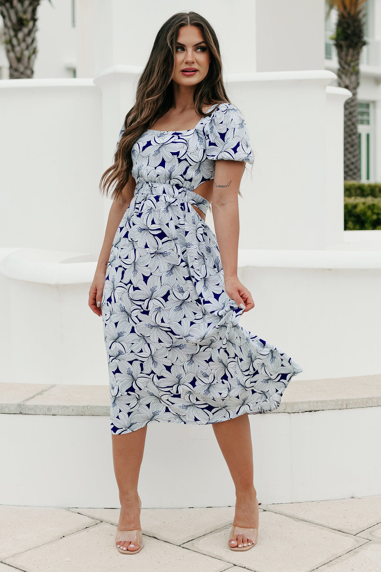 Hamptons Hideout Floral Midi Dress (Navy) - NanaMacs