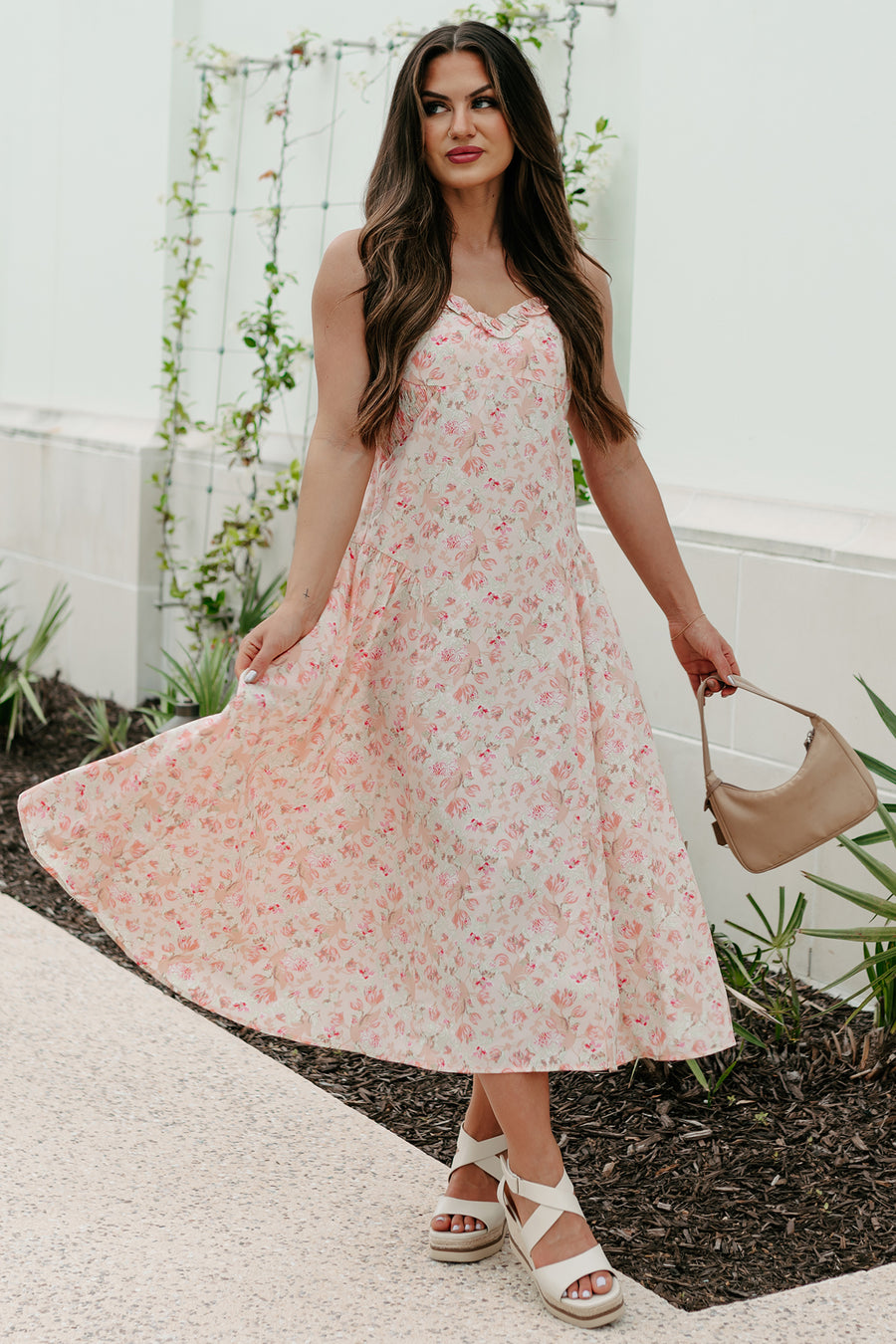 Phenomenal Fashion Drop Waist Floral Midi Dress (Apricot)