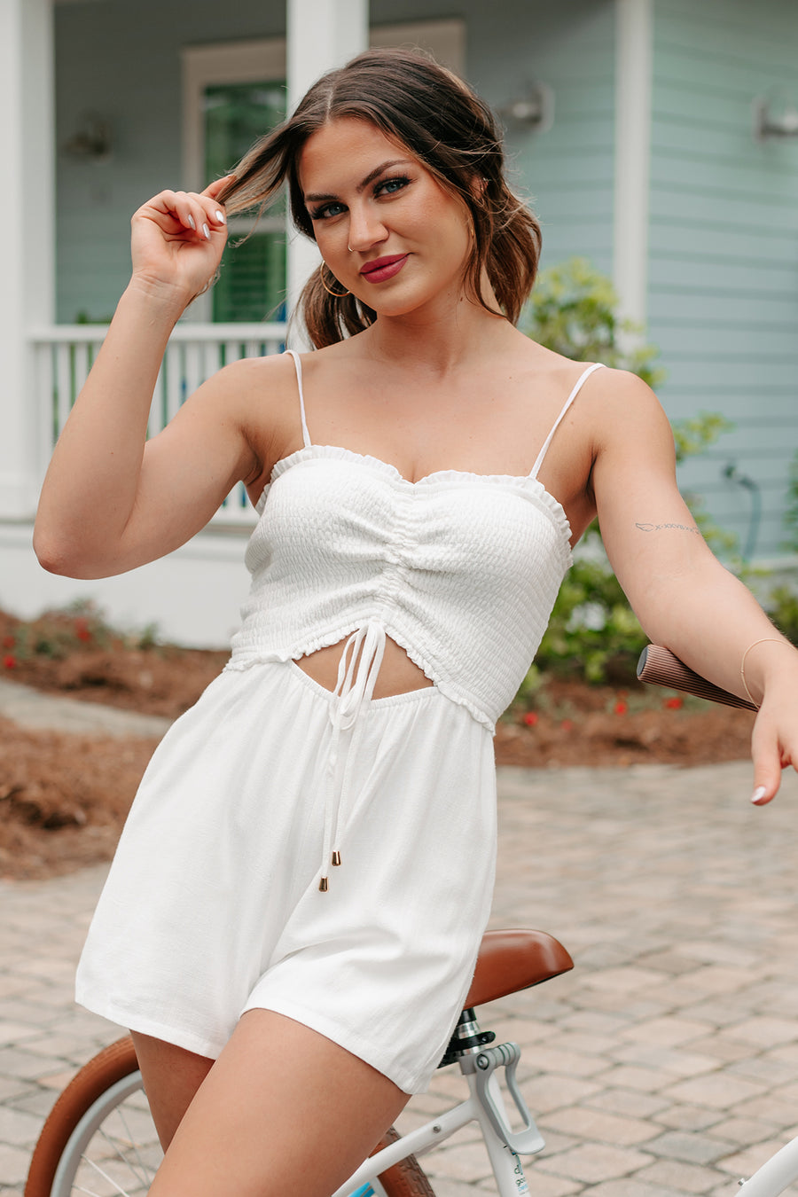 The Vacay Way Smocked Linen Romper (Off White)