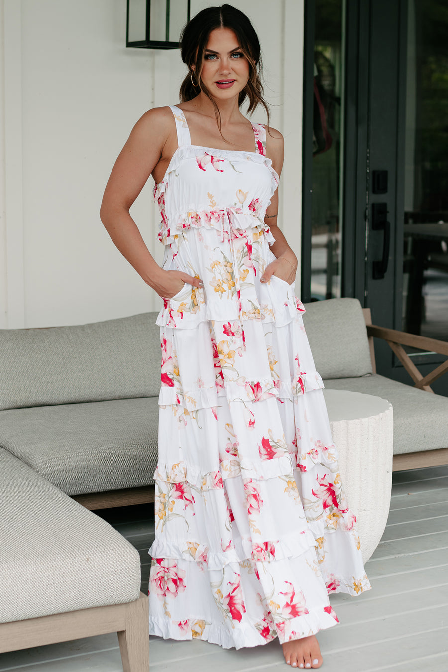 Treasured Times Tiered Floral Maxi Dress (White Multi)