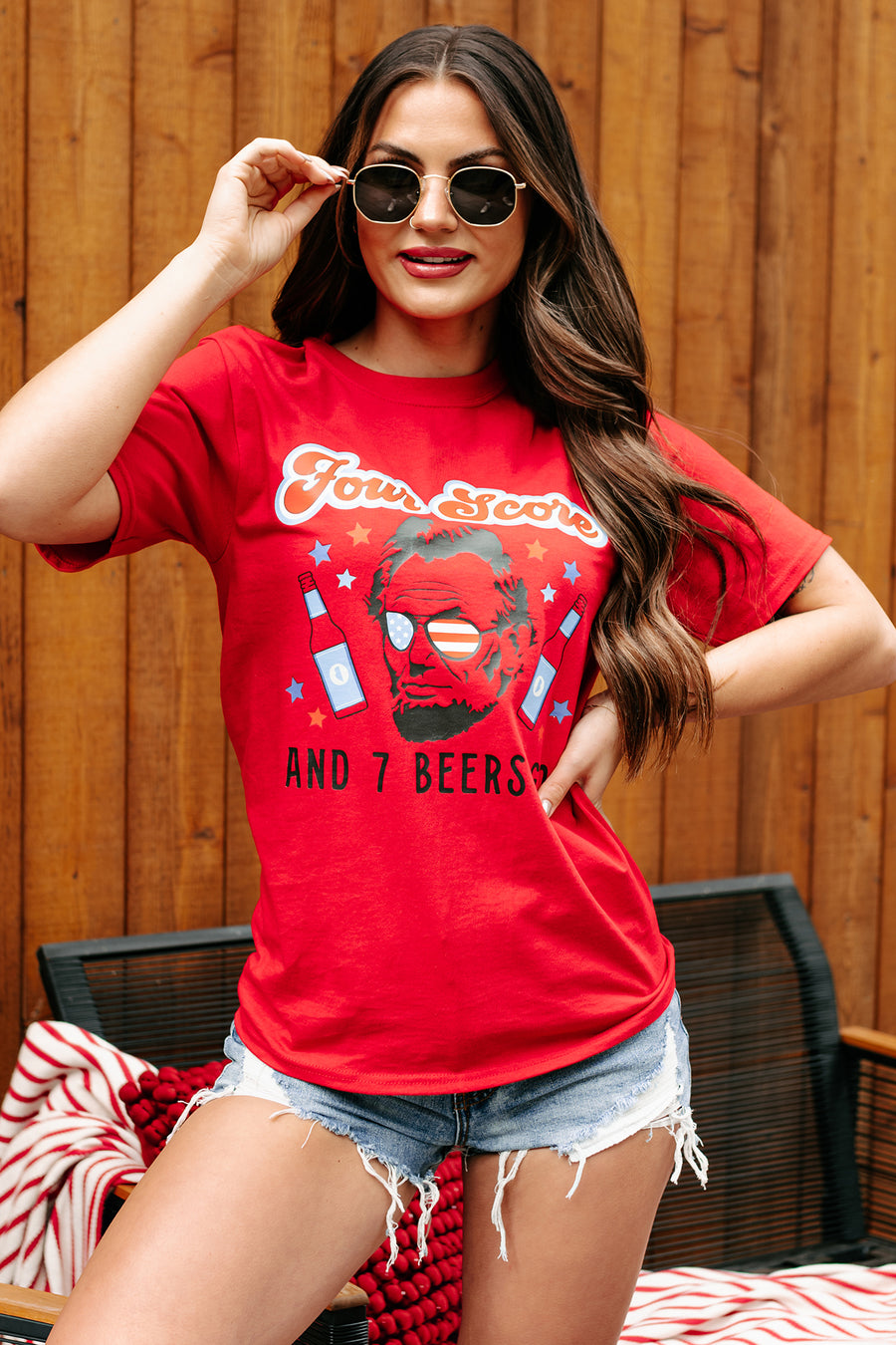 "Four Score And 7 Beers Ago" Graphic T-Shirt (Red) - Print On Demand - NanaMacs