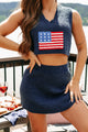 Stand For Freedom Flag Print Crop Top & Mini Skirt Sweater Set (Navy) - NanaMacs