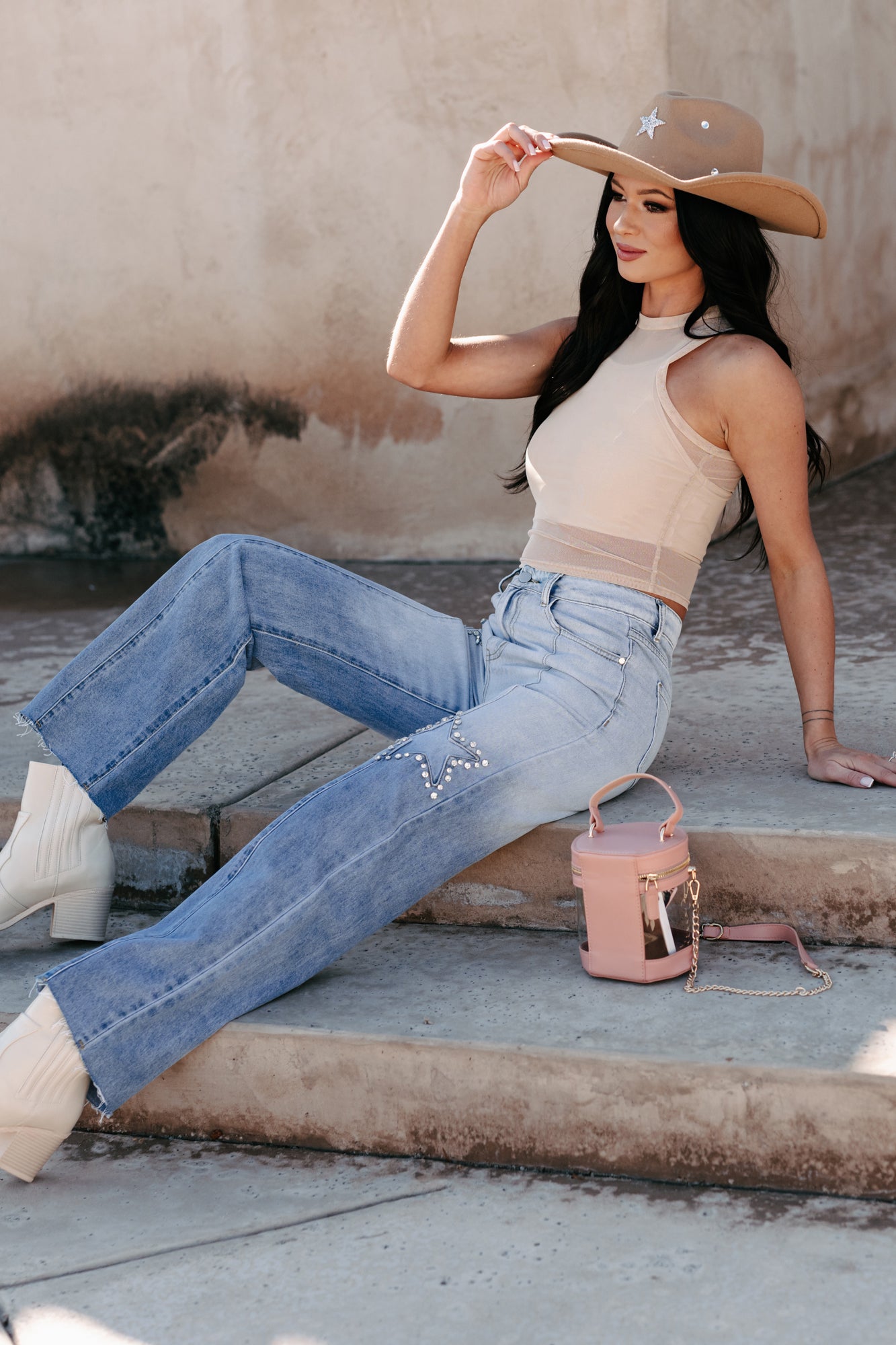 Evianna Mid-Rise Rhinestone Star Straight Leg Jeans (Light Wash) - NanaMacs