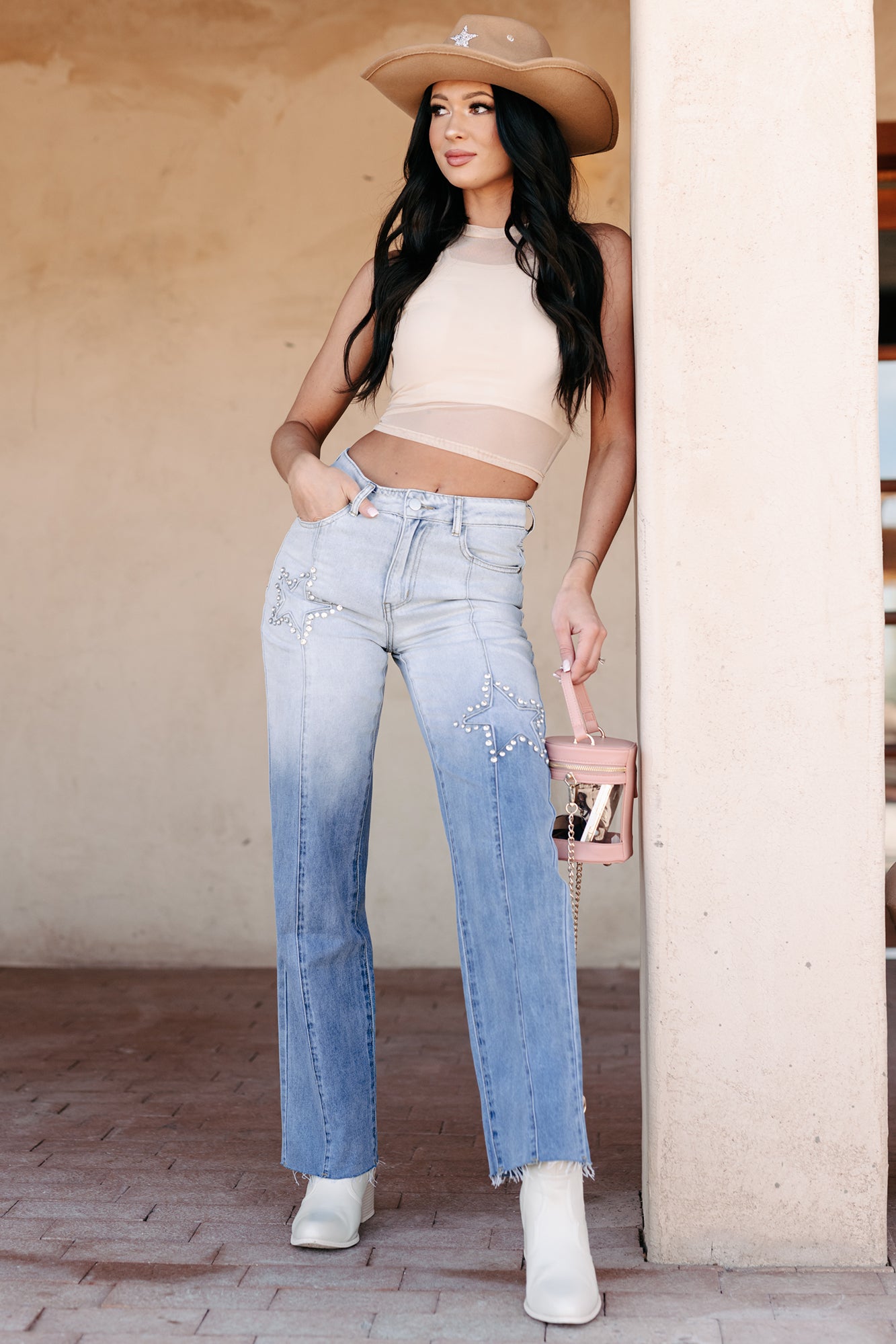Evianna Mid-Rise Rhinestone Star Straight Leg Jeans (Light Wash) - NanaMacs