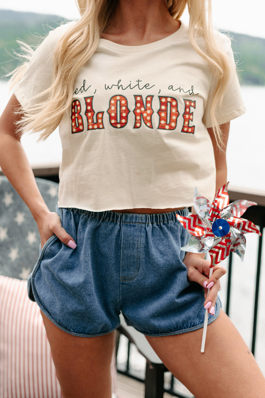 "Red, White, and Blonde” Graphic Crop Tee (Cream) - Print On Demand - NanaMacs