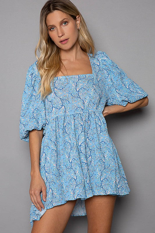 PREORDER Wendy Printed Puff Sleeve Mini Dress (Sky Blue) - NanaMacs