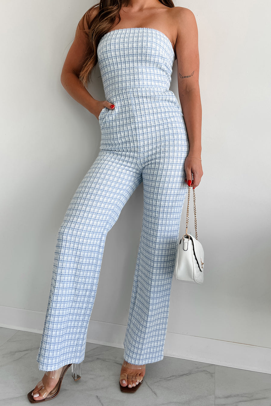Influential Position Stretchy Tweed Jumpsuit (Ivory/Blue) - NanaMacs