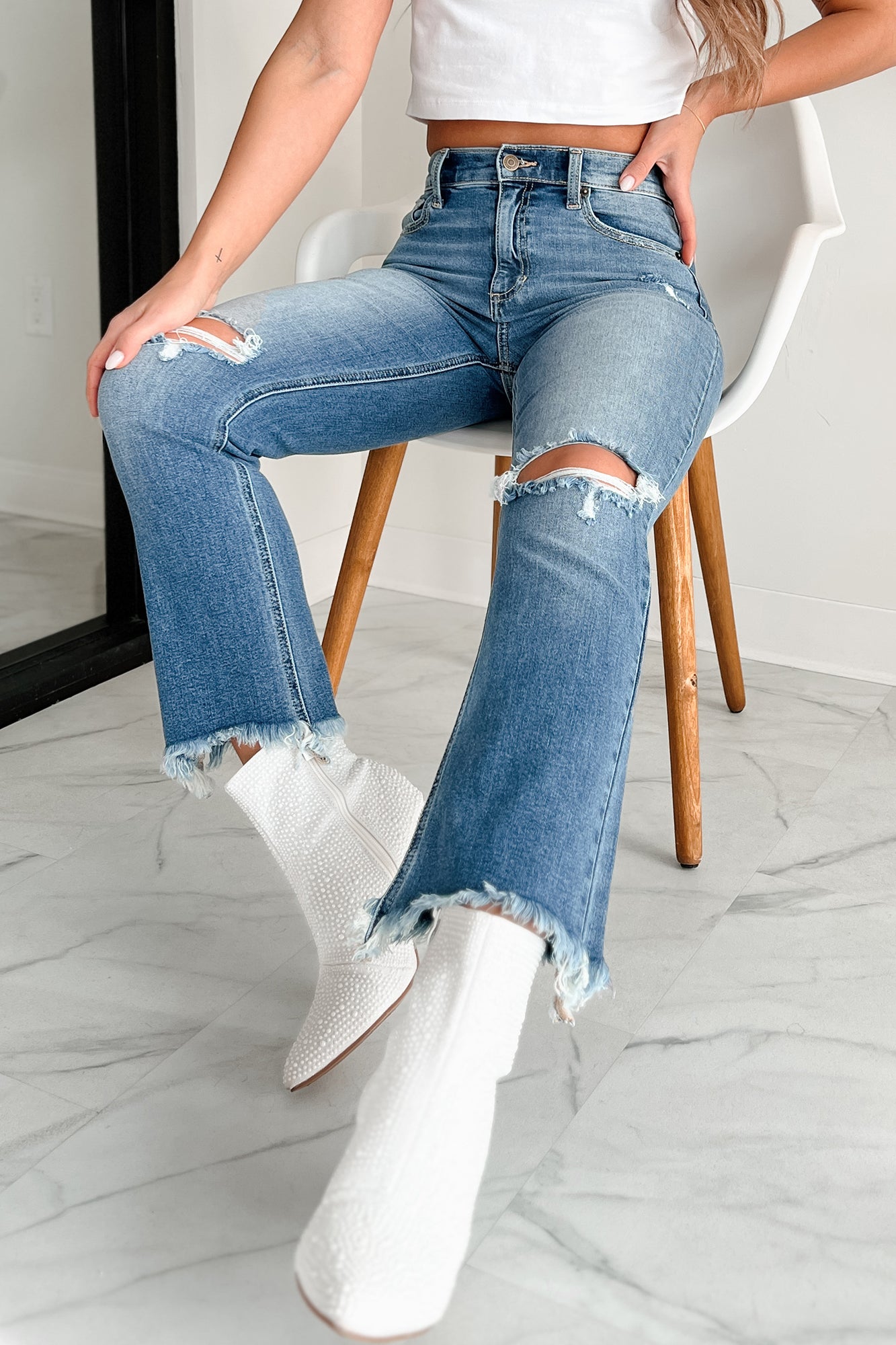 Melbourne High Rise Distressed Sneak Peek Straight Leg Jeans (Medium Light) - NanaMacs