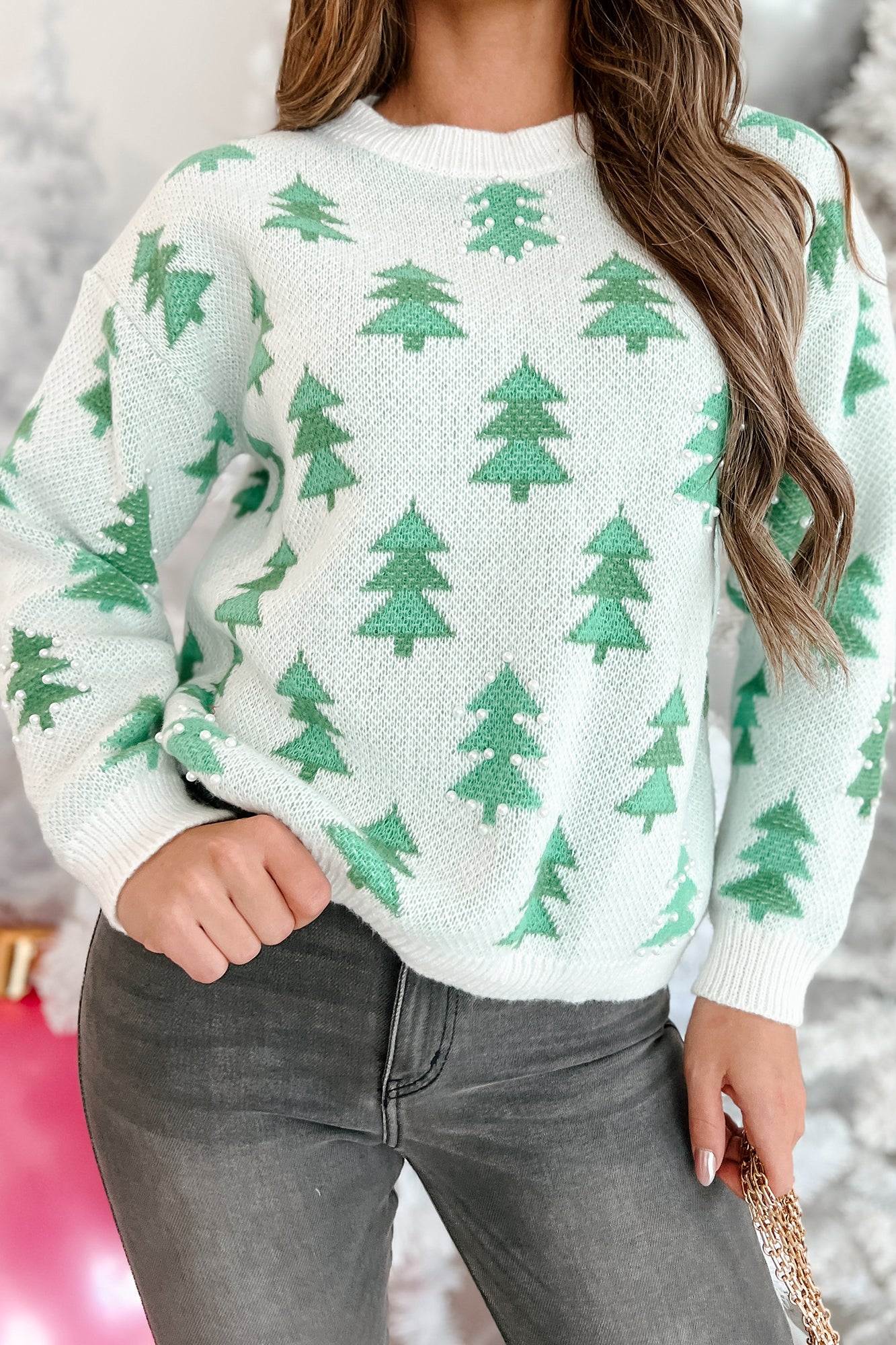 A Tree-mendous Christmas Pearl Beaded Holiday Sweater (Ivory/Green) - NanaMacs