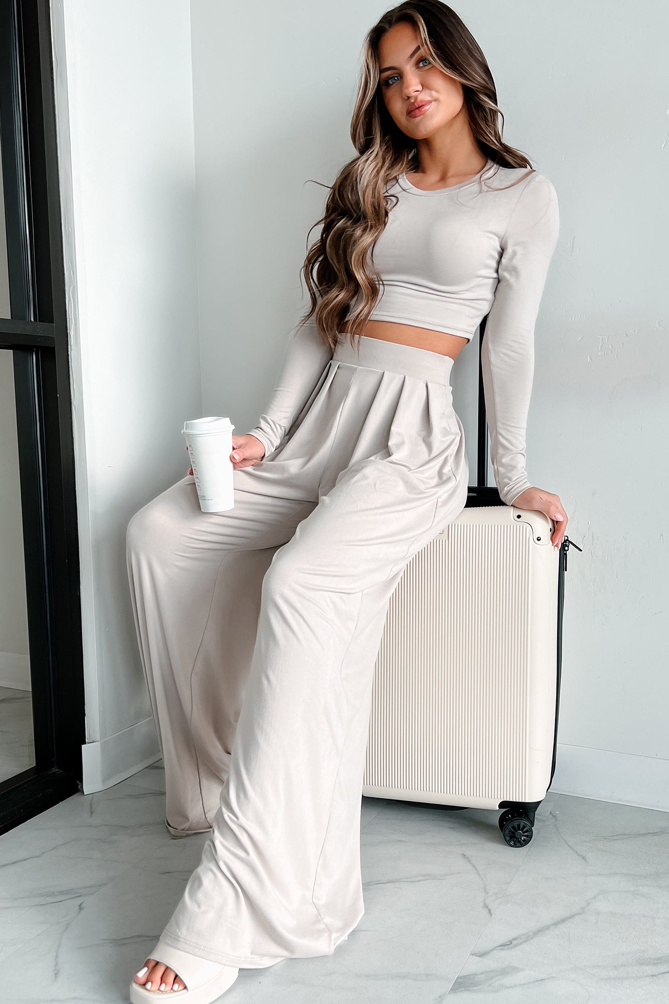 Out Of Excuses Long Sleeve Crop Top & Palazzo Pant Set (Dusty Taupe)