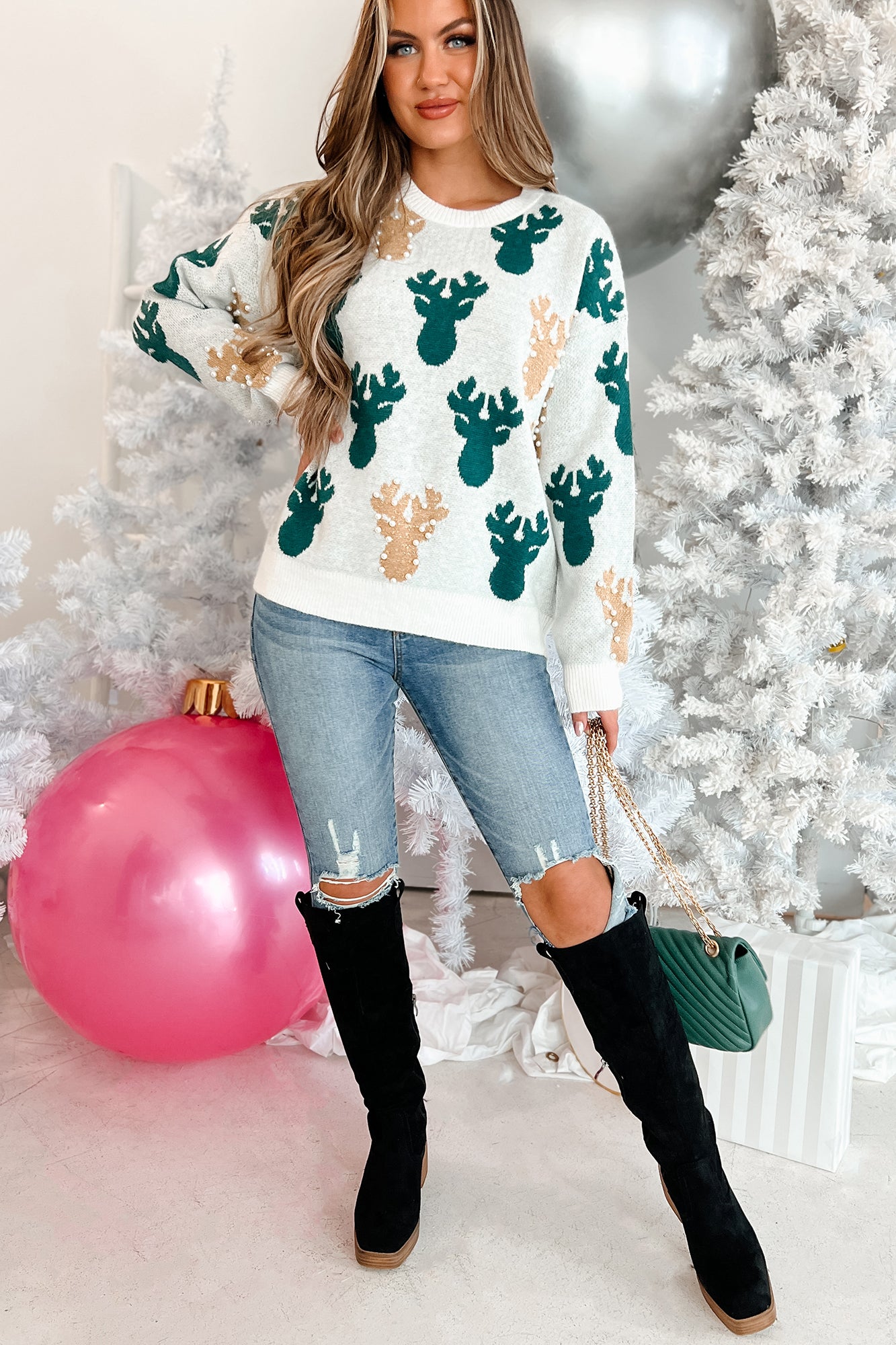 Sleighing The Game Pearl Beaded Holiday Sweater (Ivory/Hunter) - NanaMacs