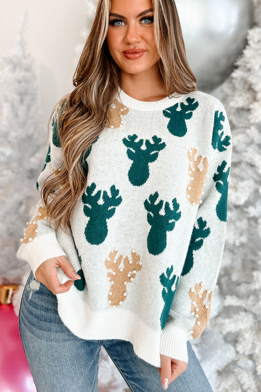 Sleighing The Game Pearl Beaded Holiday Sweater (Ivory/Hunter) - NanaMacs