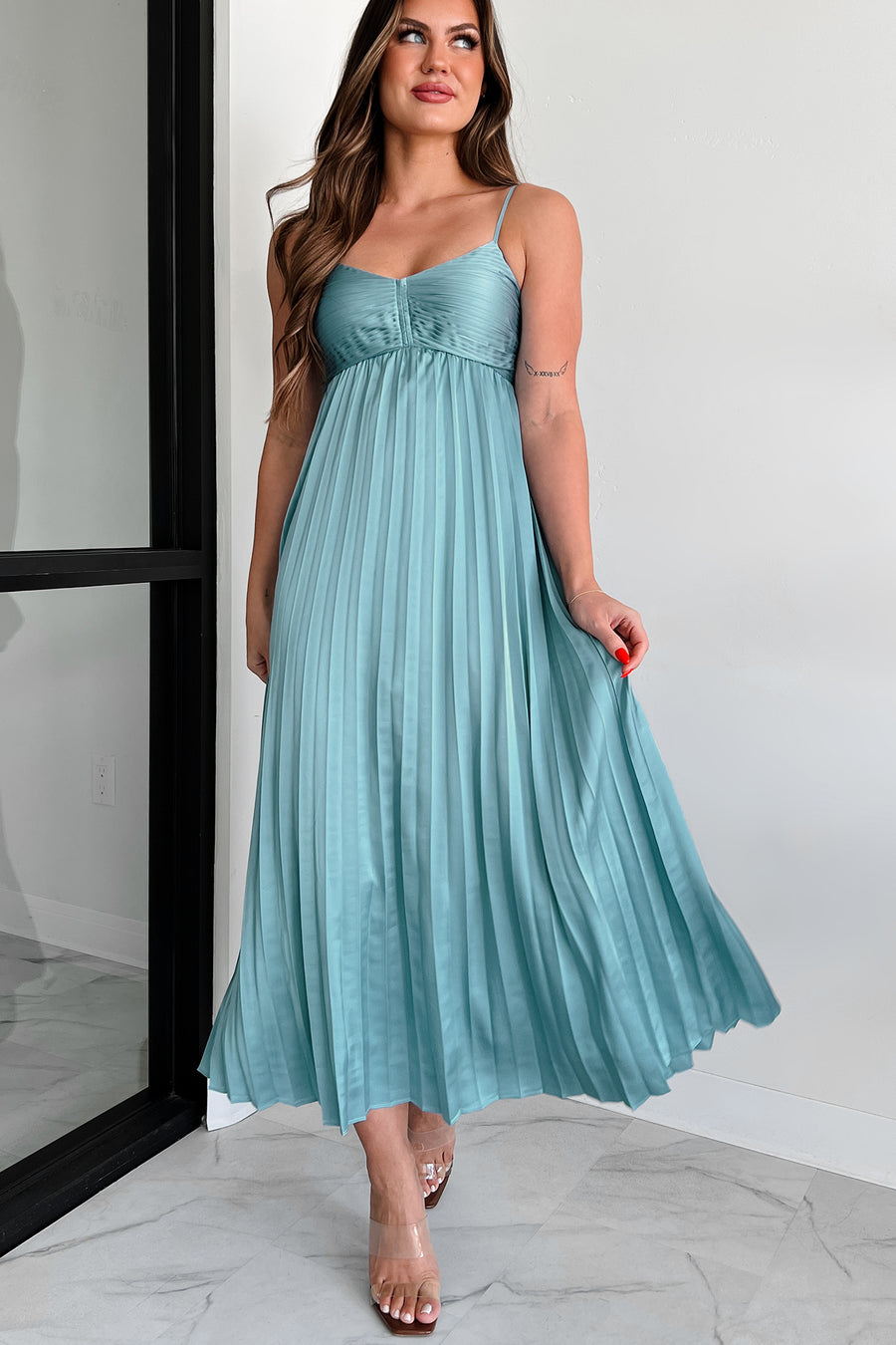 Essential Chicness Pleated Satin Dress (Dusty Blue)