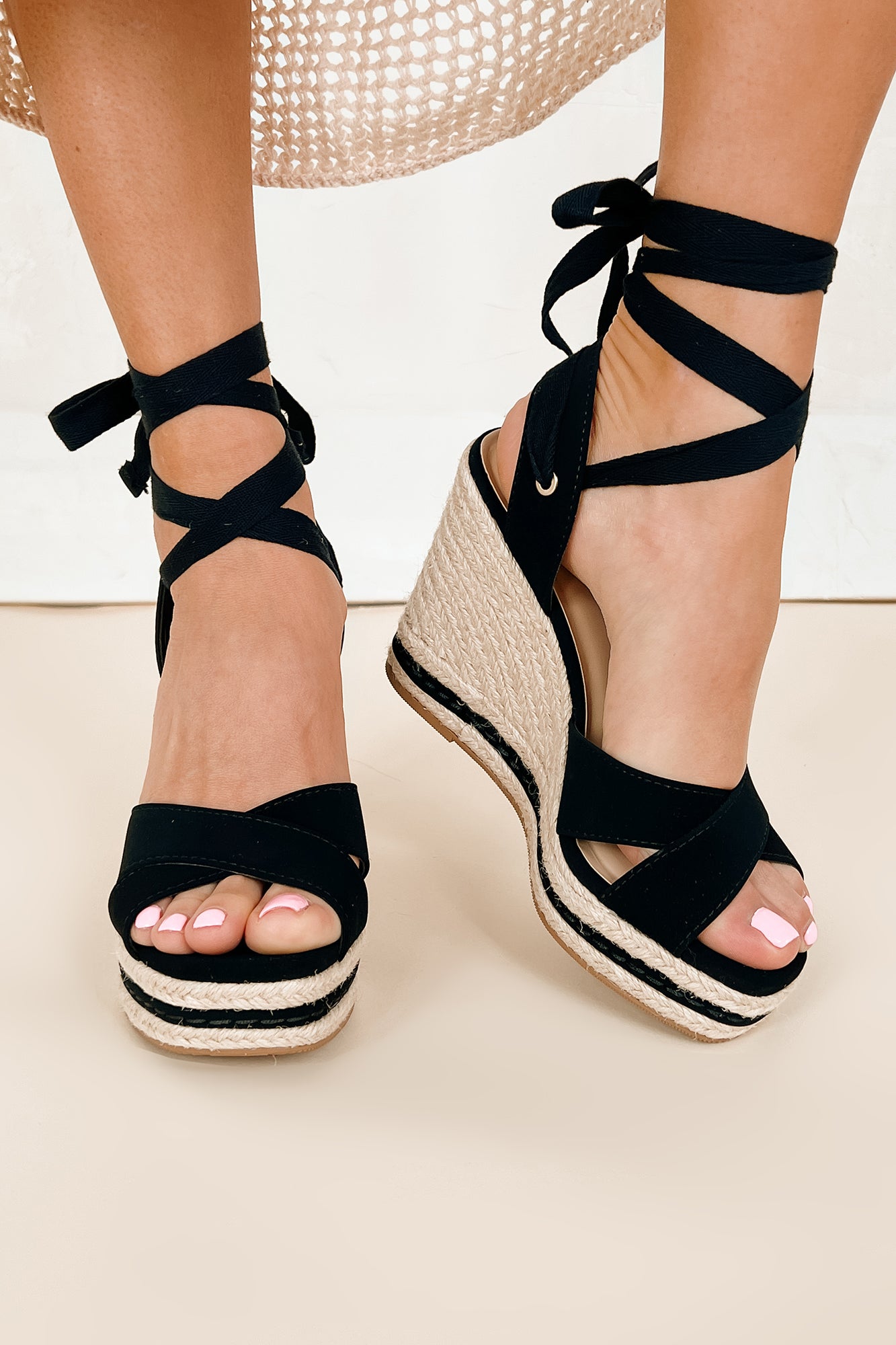 Confidence Factor Ankle Wrap Platform Wedge Sandals (Black) - NanaMacs