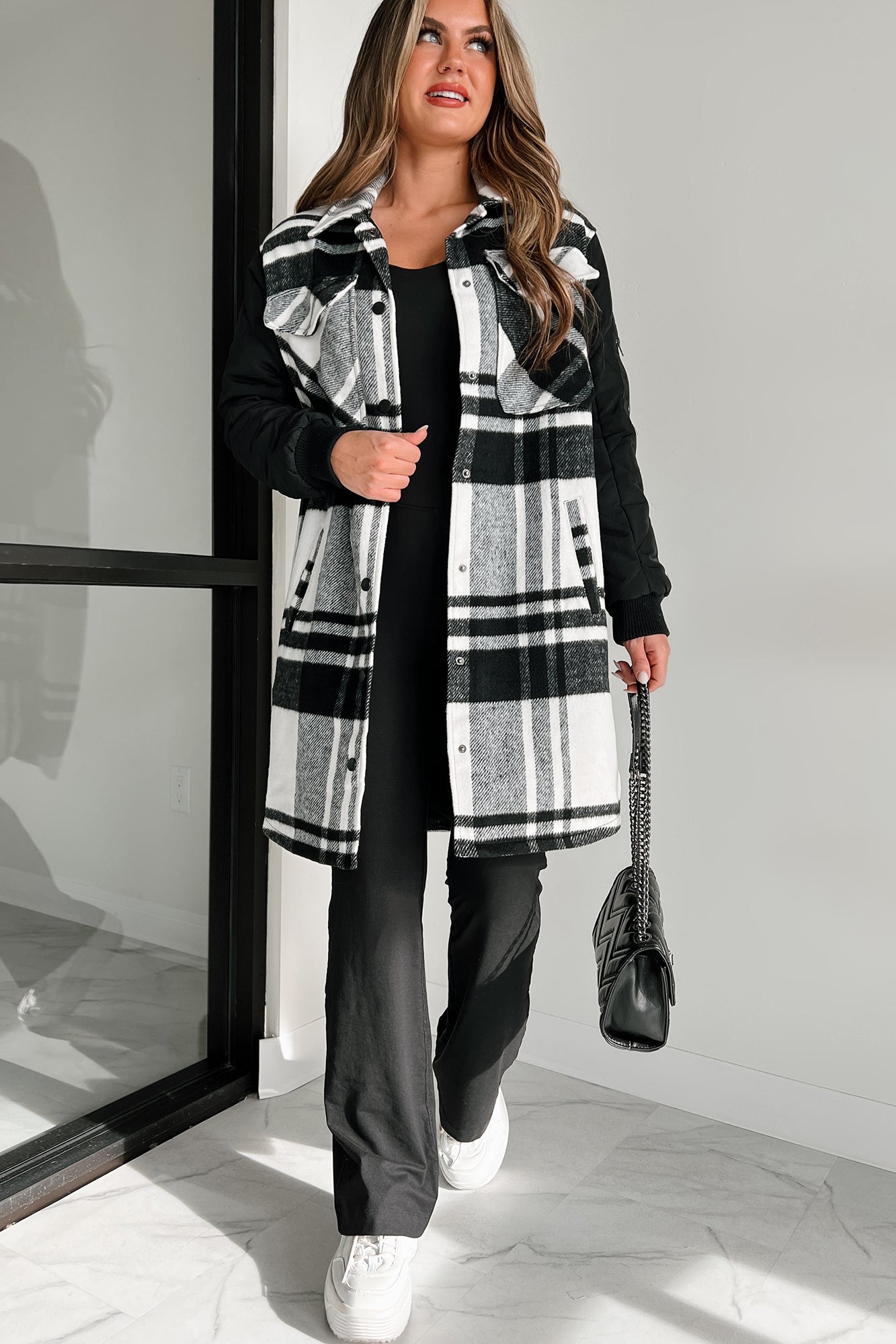 Embracing The Chill Quilted Sleeve Plaid Coat (Black) - NanaMacs