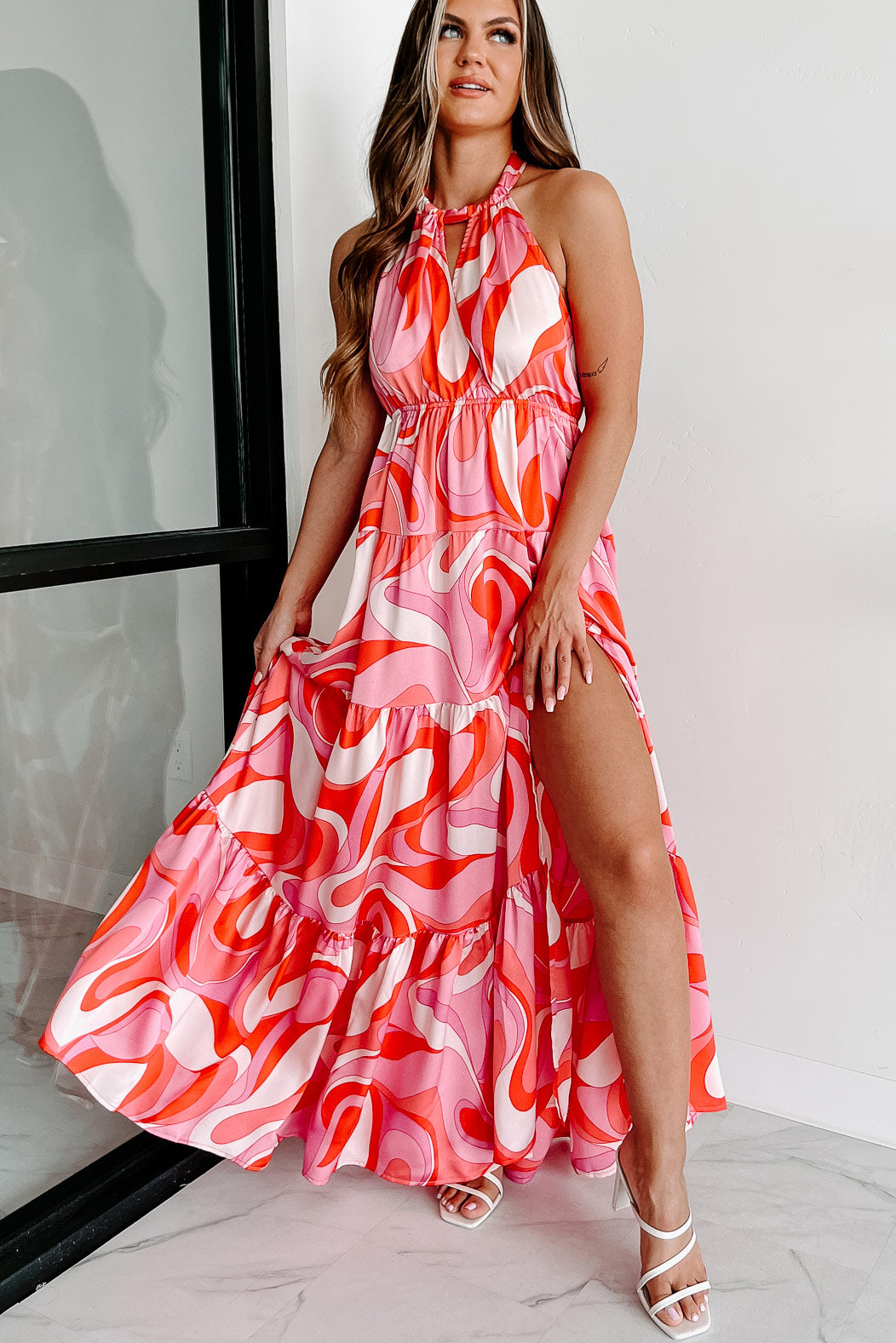 Bright On Time Printed Halter Maxi Dress (Coral/Pink) - NanaMacs