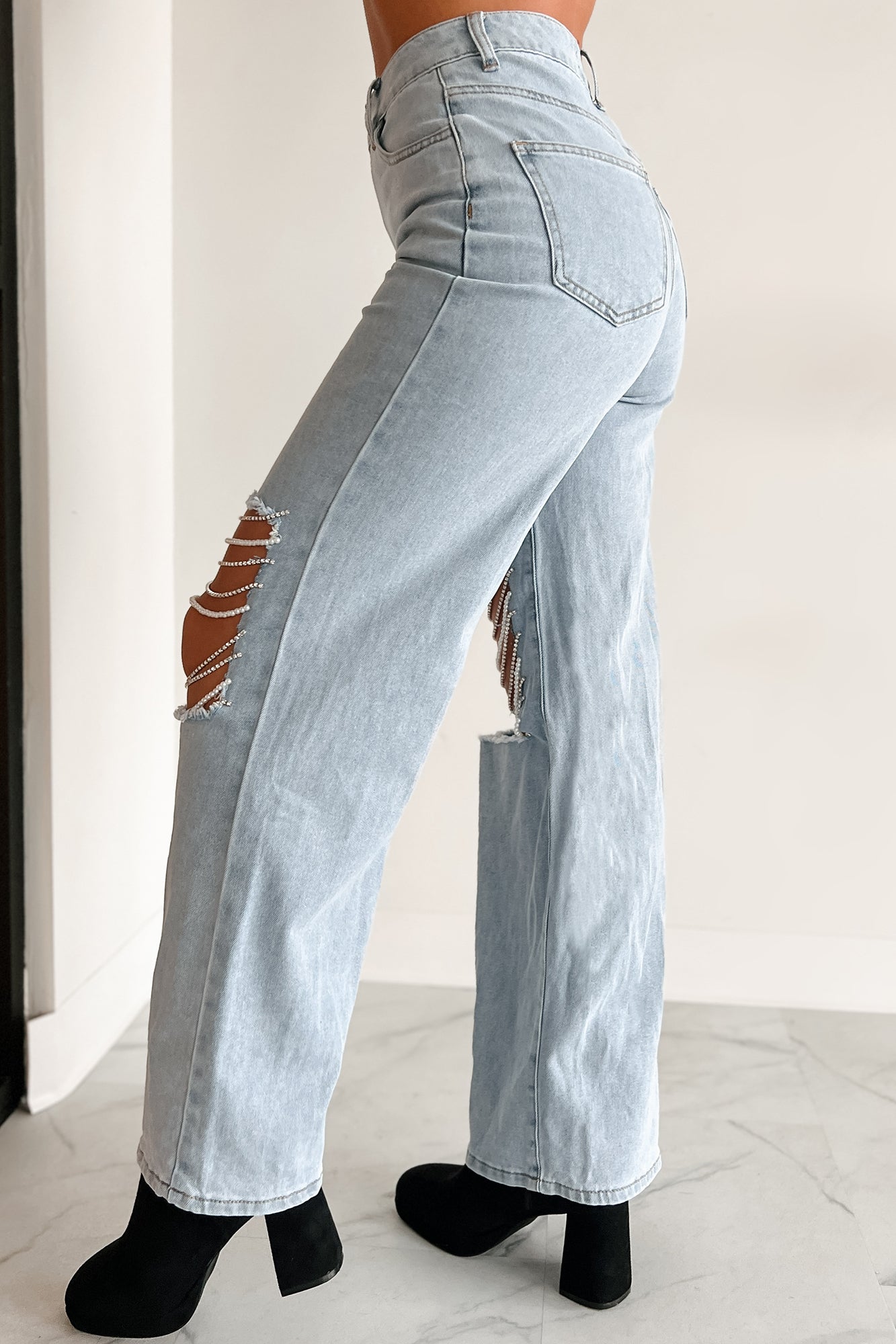Something To Talk About Rhinestone/Pearl Chain Wide Leg Jeans (Light Wash) - NanaMacs