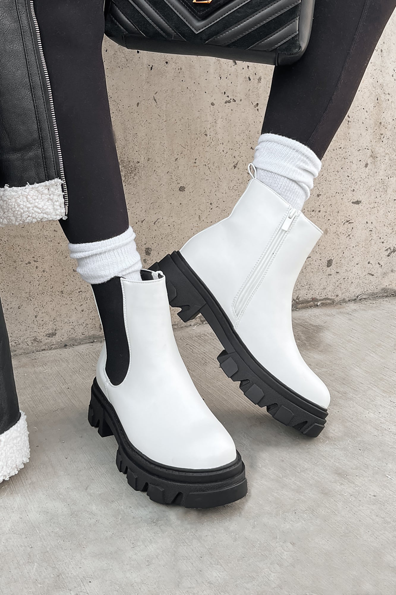 Tia Contrast Knit Lug Sole Chelsea Boots (White Pu) · NanaMacs