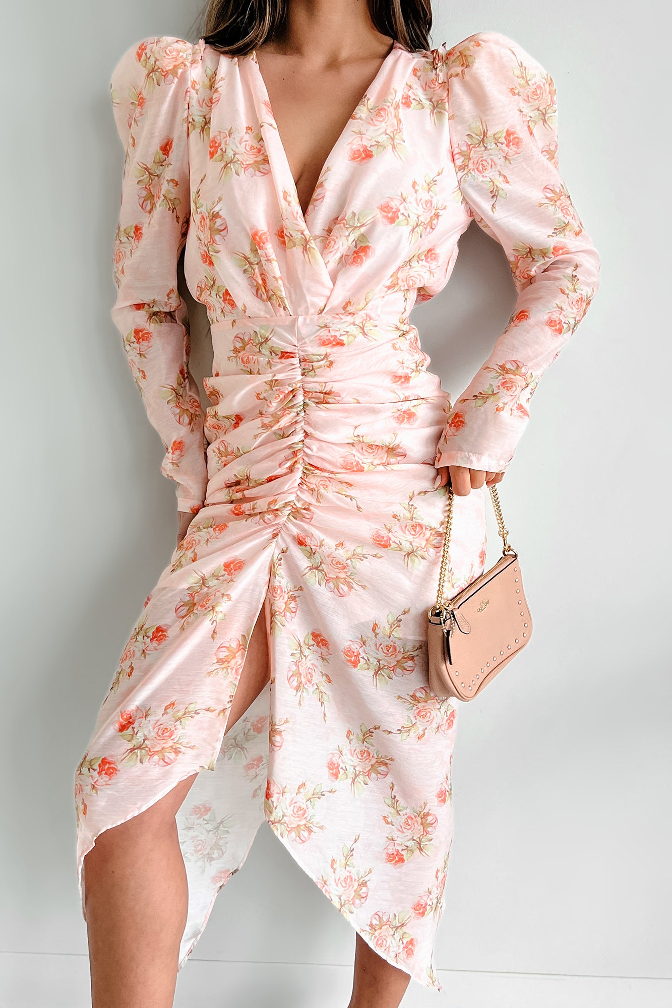 Petal Princess Ruched Floral Midi Dress (Pink) - NanaMacs