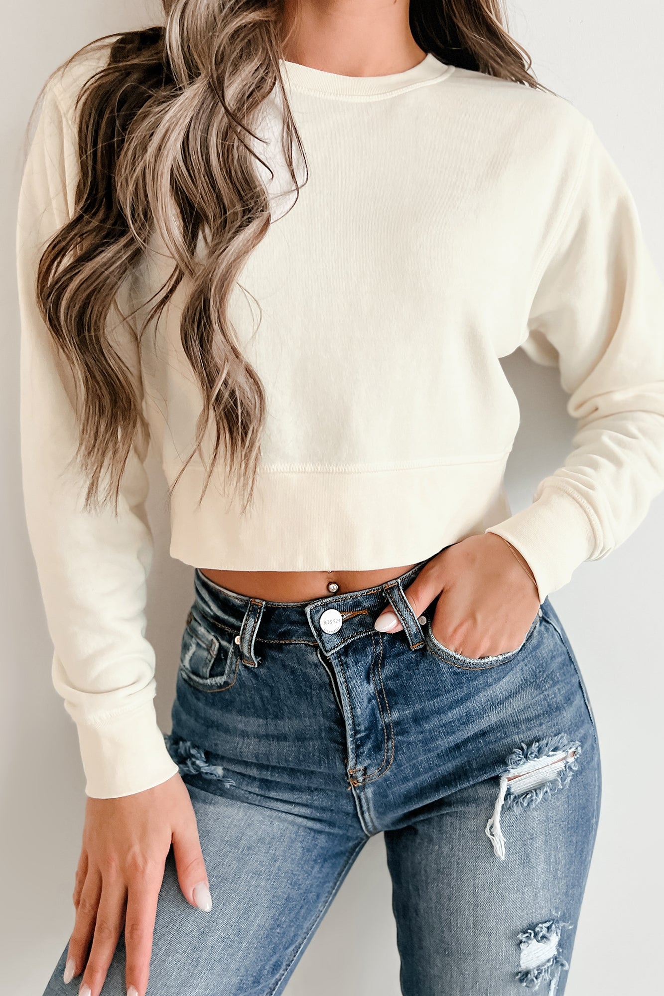 Oversized Long Sleeve Crop Top (Khaki)