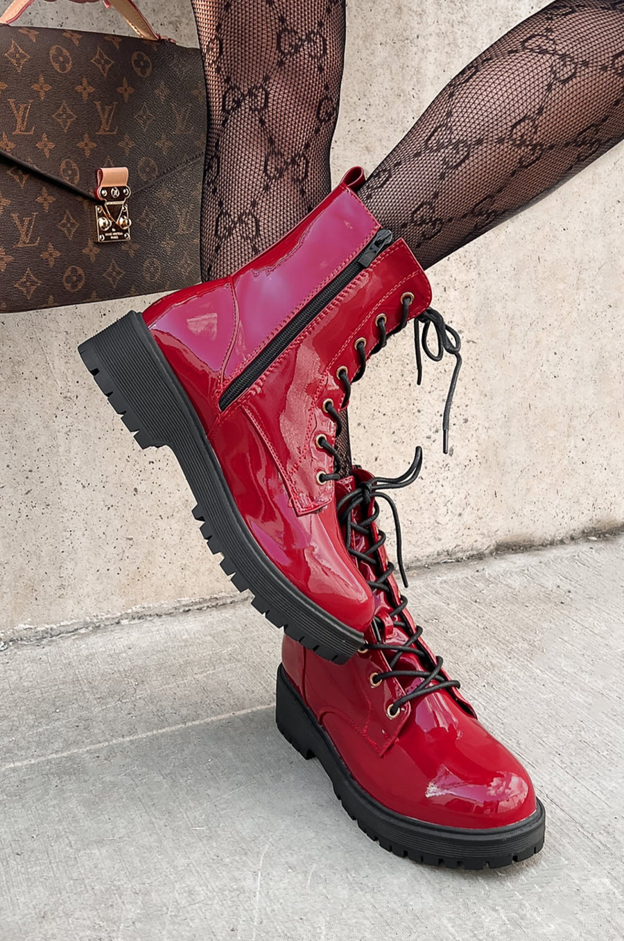 Doorbuster Lennox Patent Leather Combat Boots (Red Patent) - NanaMacs