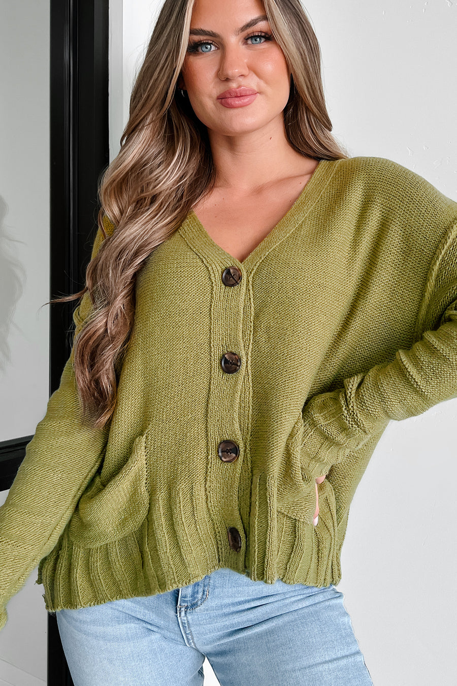 Say No More Button Front Sweater Cardigan (Light Olive) - NanaMacs