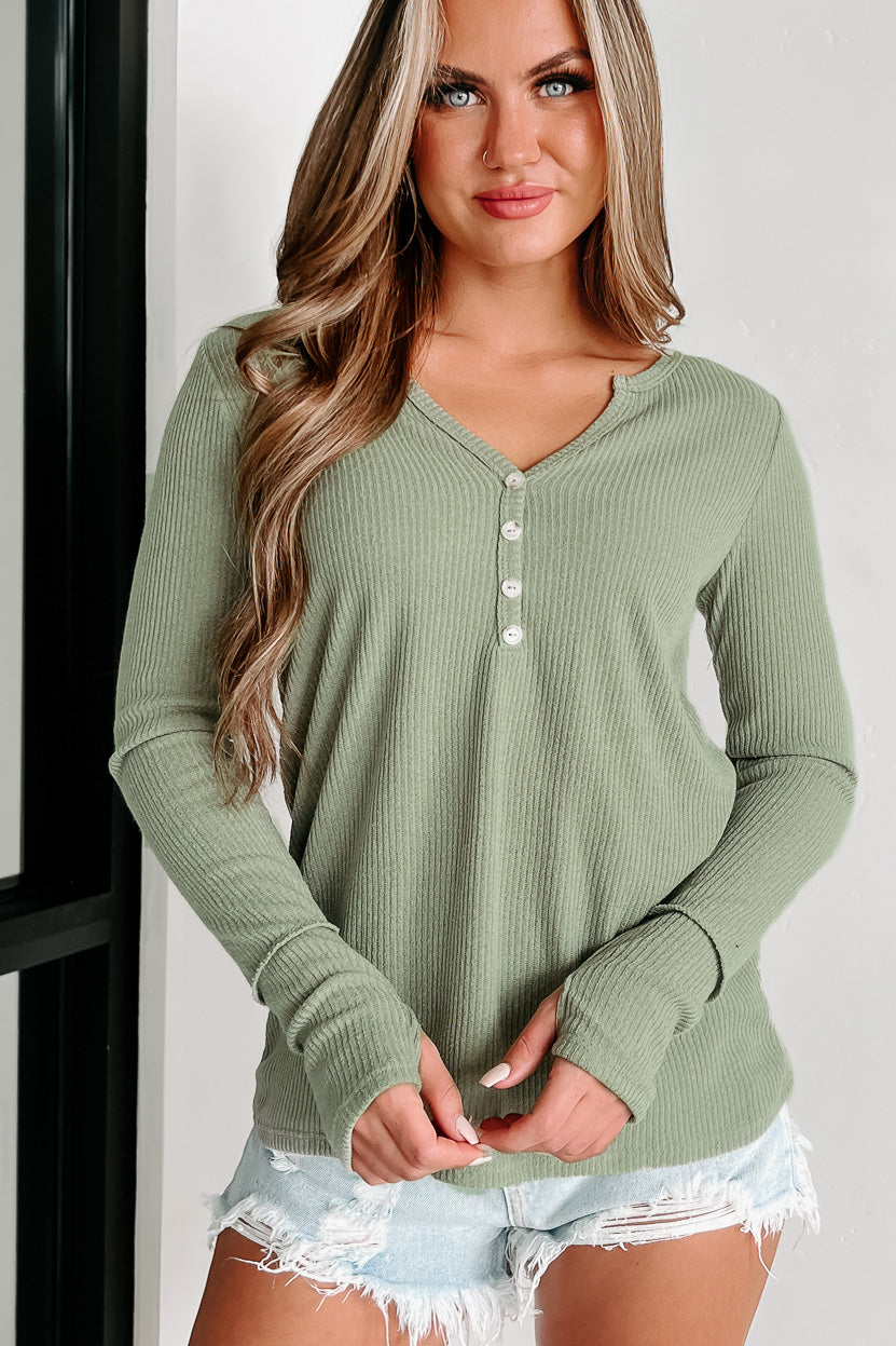 Spending Time Together Ribbed Buttoned Long Sleeve Top (Light Olive) - NanaMacs