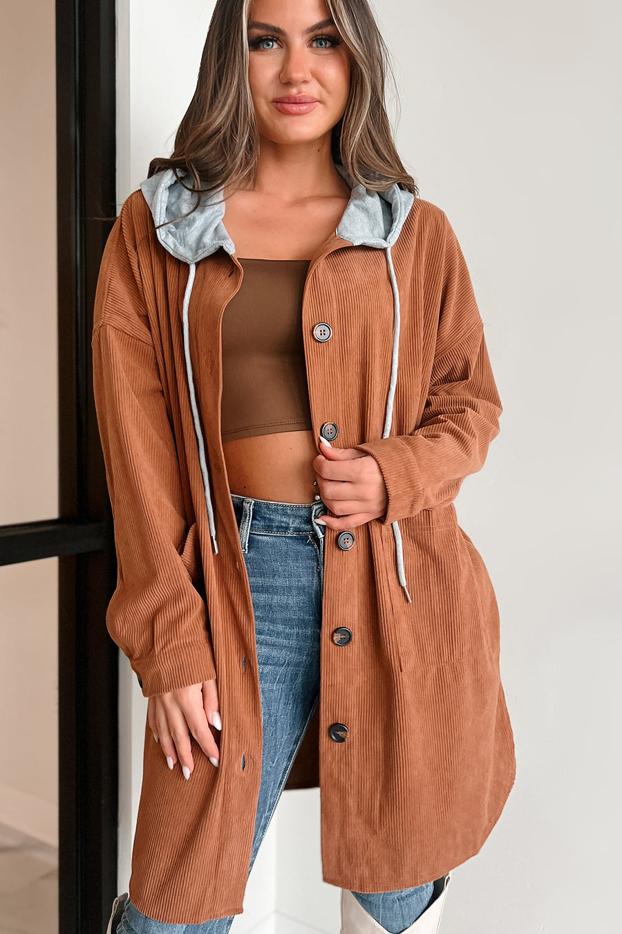 Ours For The Taking Oversized Hooded Corduroy Shacket (Light Brown) - NanaMacs