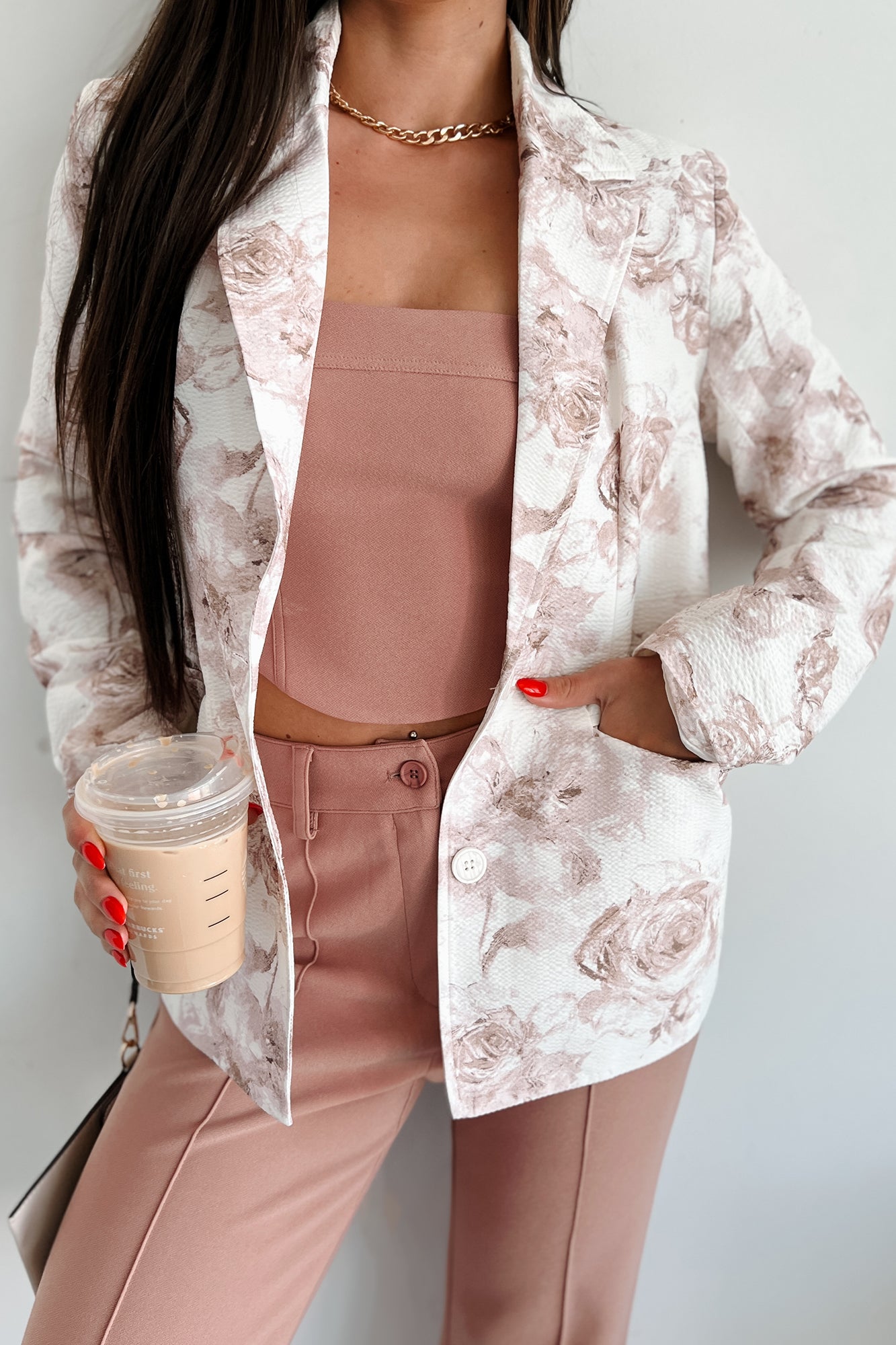 Well Rehearsed Line Floral Print Blazer (Rose/White)