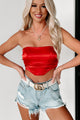 Scorching Good Looks Strapless Satin Crop Top (Red) - NanaMacs