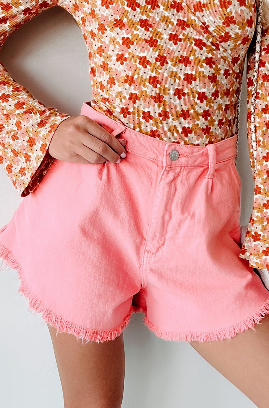 Becky High Waist Frayed Hem Denim Shorts (Pink) - NanaMacs