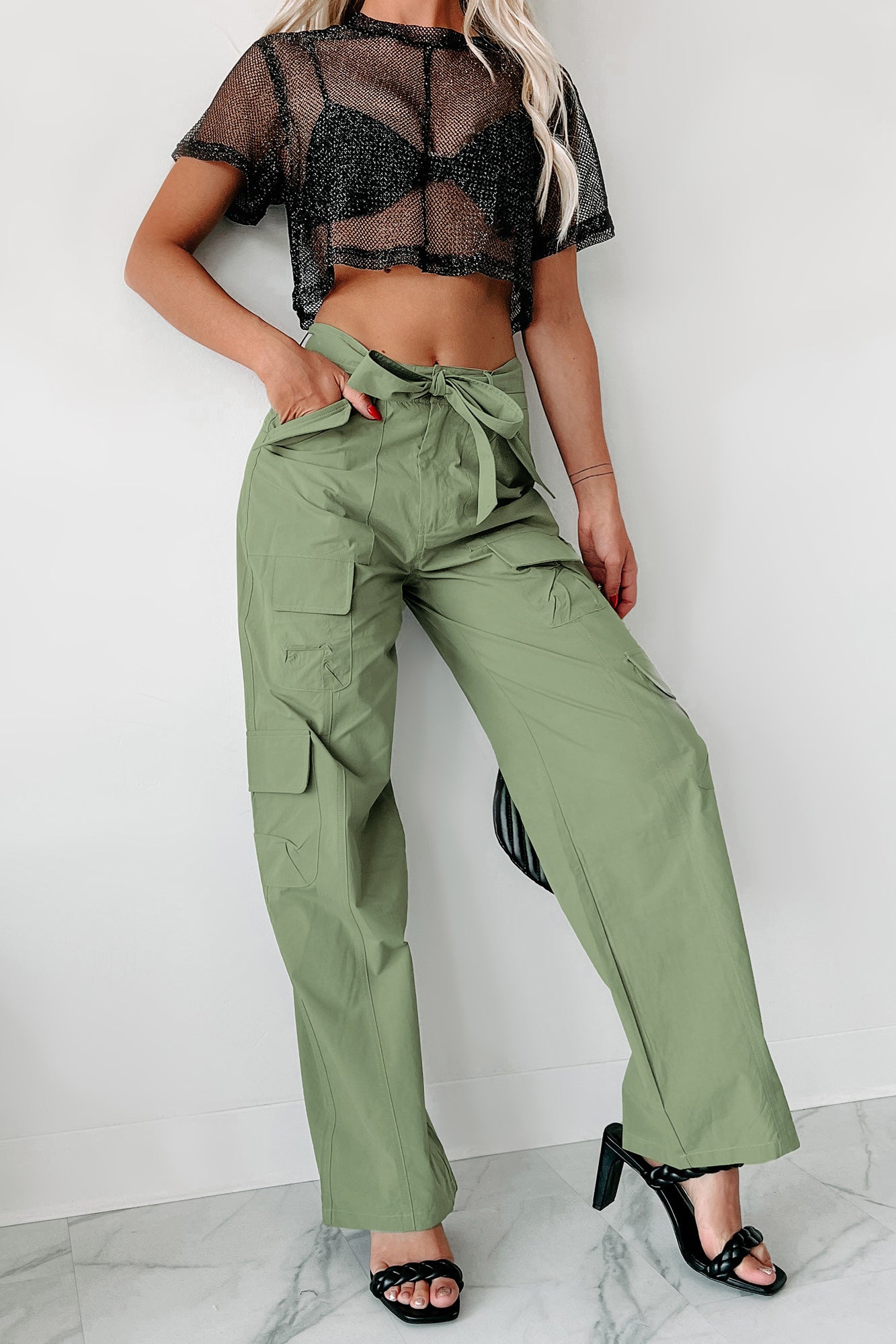Olive High Rise Cargo Ankle Tie Pants
