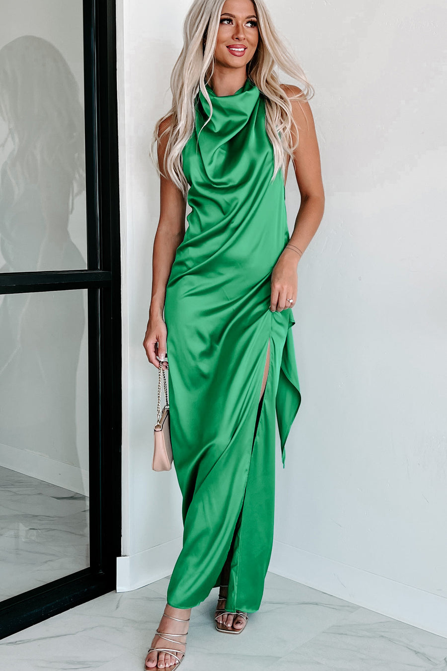 True Extravagance Satin Halter Maxi Dress (Kelly Green) - NanaMacs