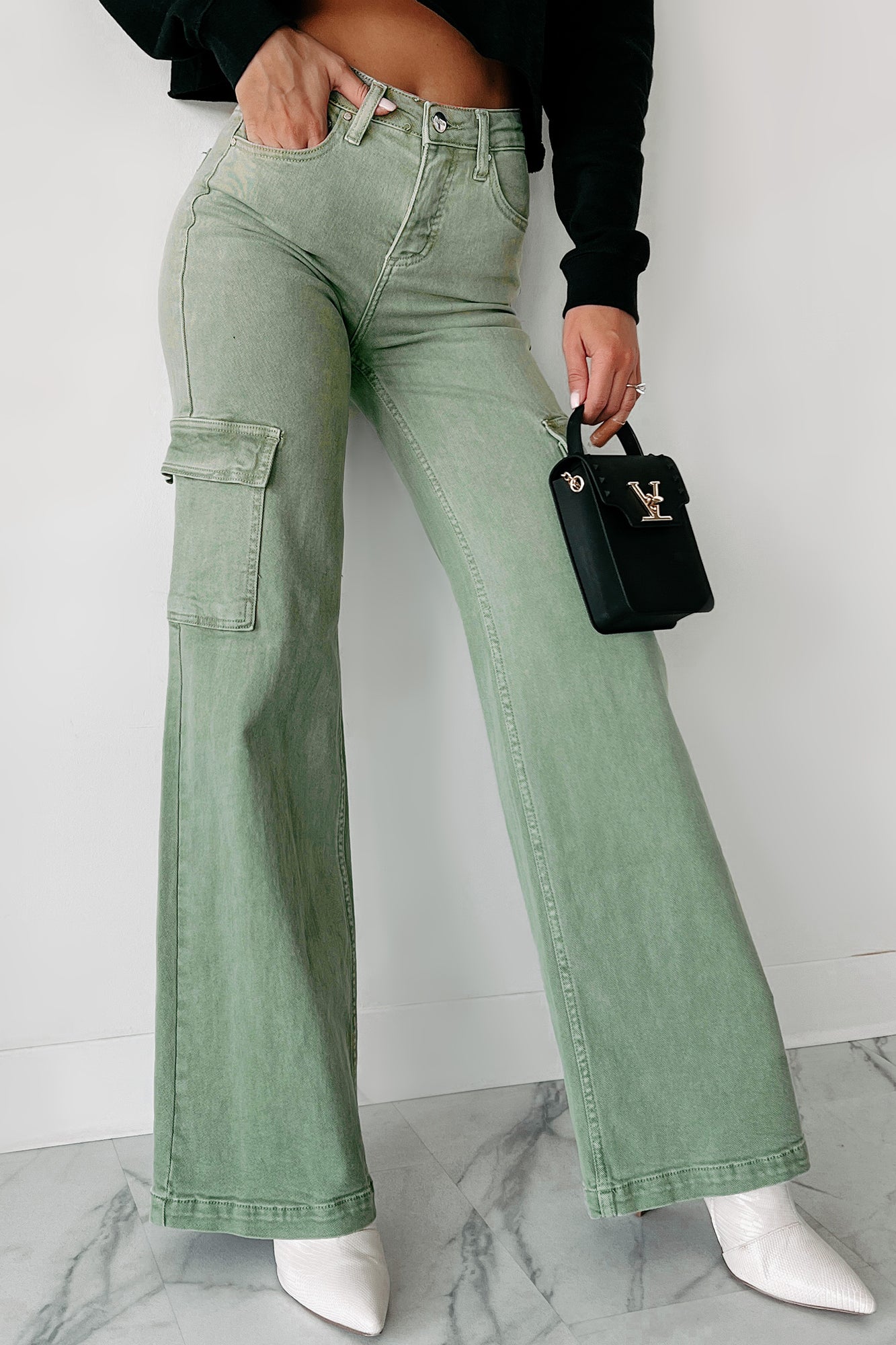 Living In The Moment High Rise Wide Leg Cargo Jeans (Olive)