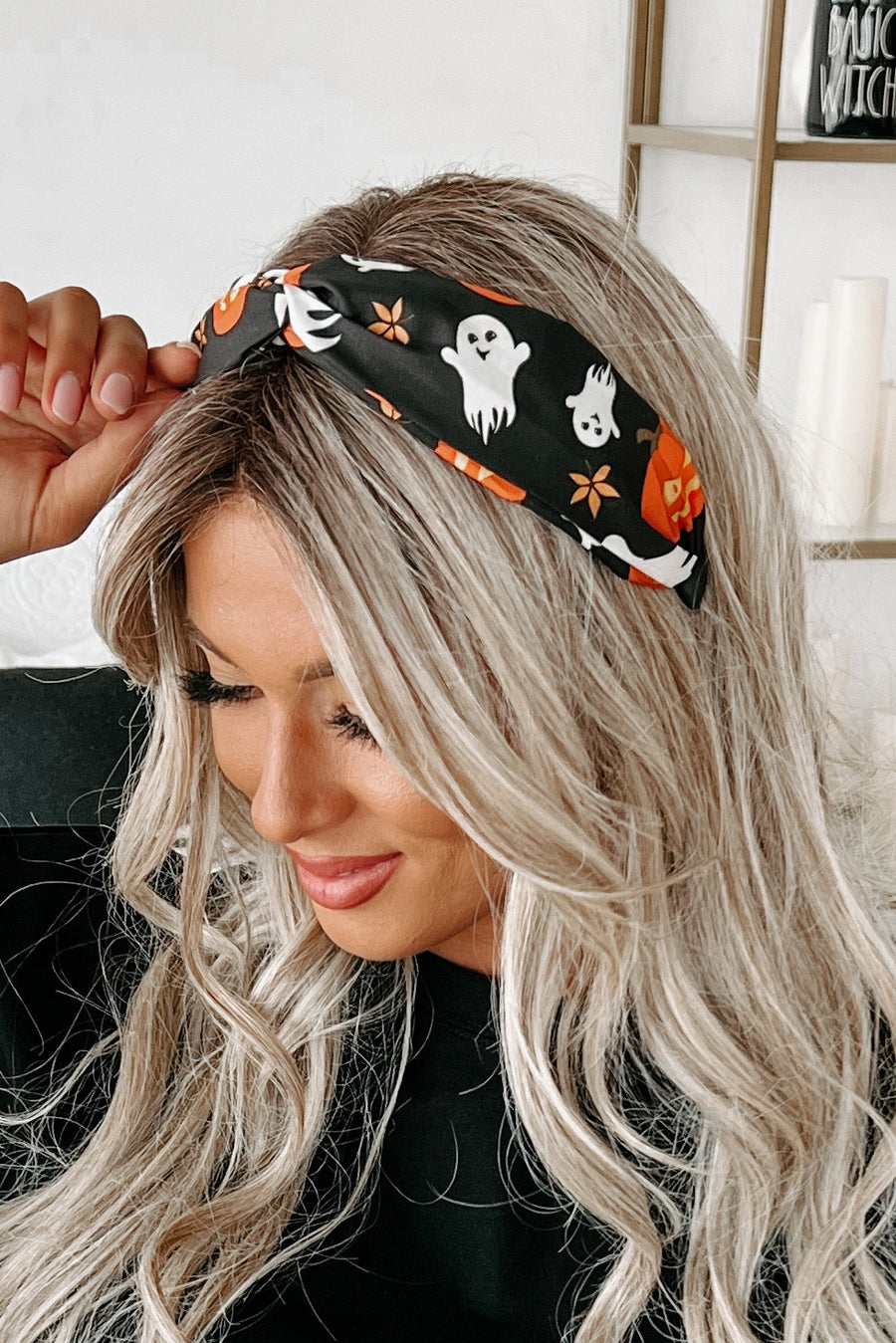 Spooky Spirit Twisted Halloween Fabric Headband (Black Ghost/Pumpkin) - NanaMacs