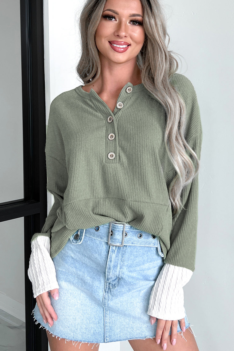 Forcing The Issue Mixed Knit Oversized Henley Top (Olive) - NanaMacs