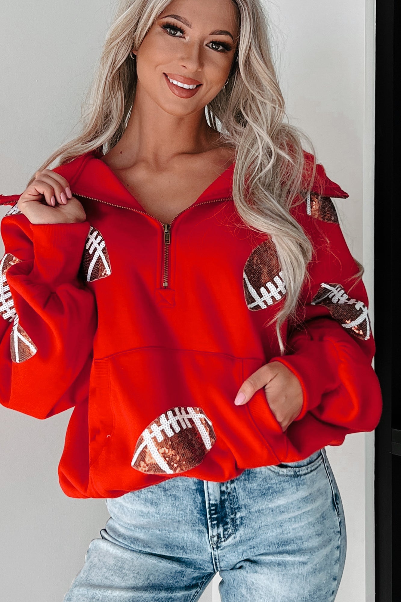 Kickoff Time Half-Zip Sequin Football Patch Hoodie (Red) - NanaMacs