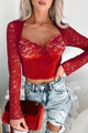 Leave You In Awe Lace Detail Long Sleeve Crop Top (Red) - NanaMacs