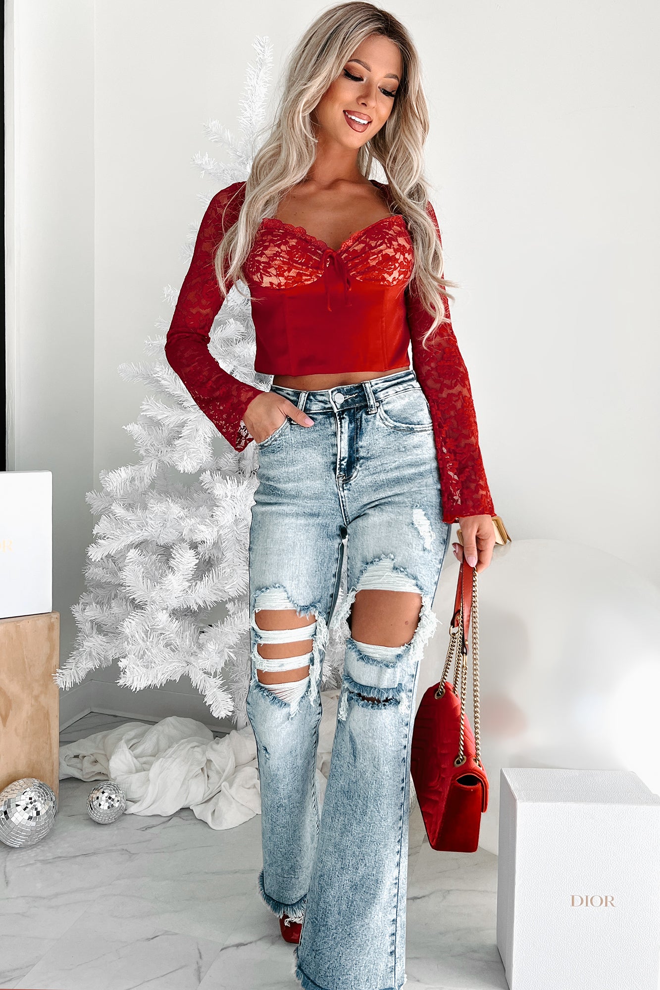 Leave You In Awe Lace Detail Long Sleeve Crop Top (Red) - NanaMacs