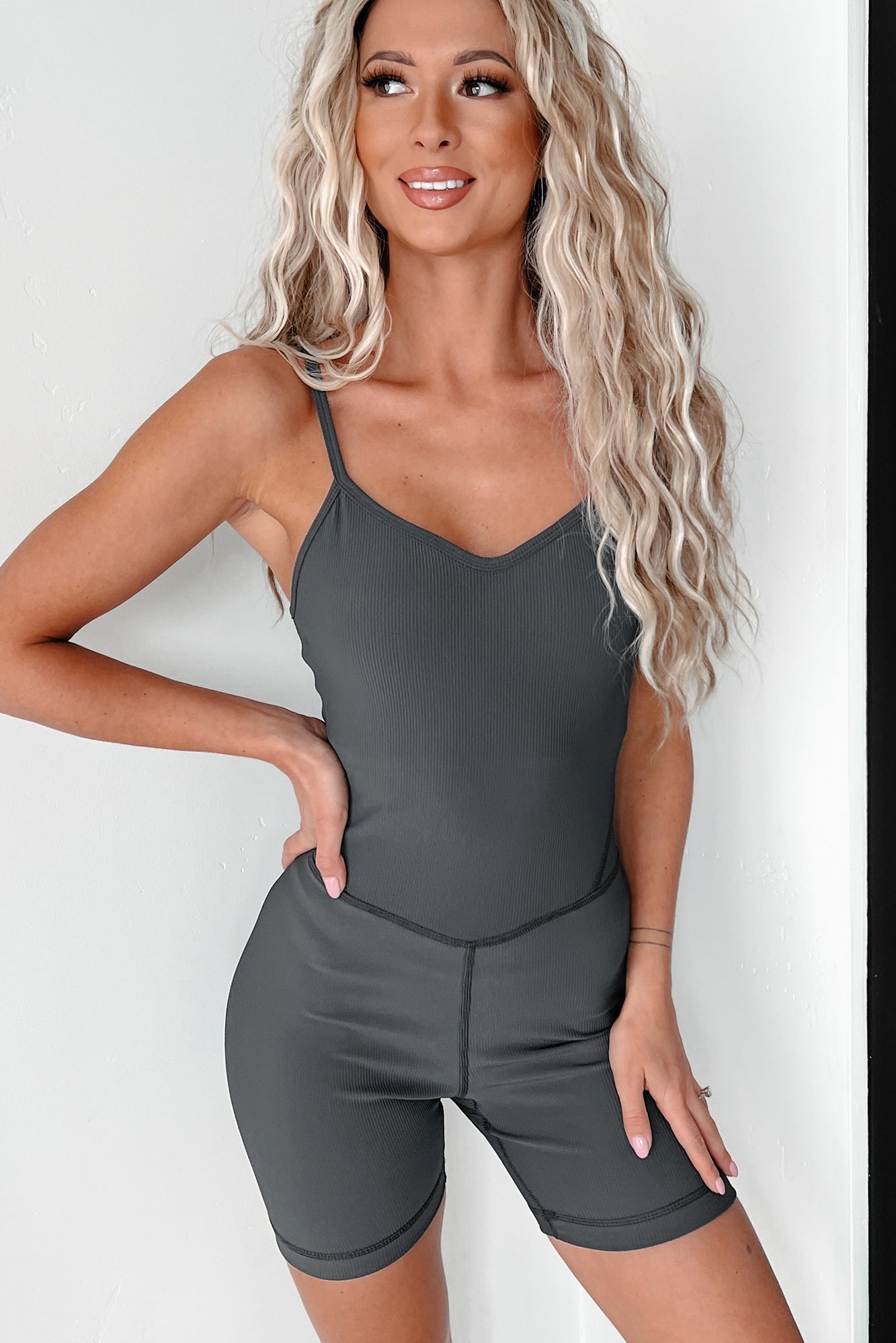 Success Is A Journey Ribbed Catsuit Romper (Charcoal) - NanaMacs