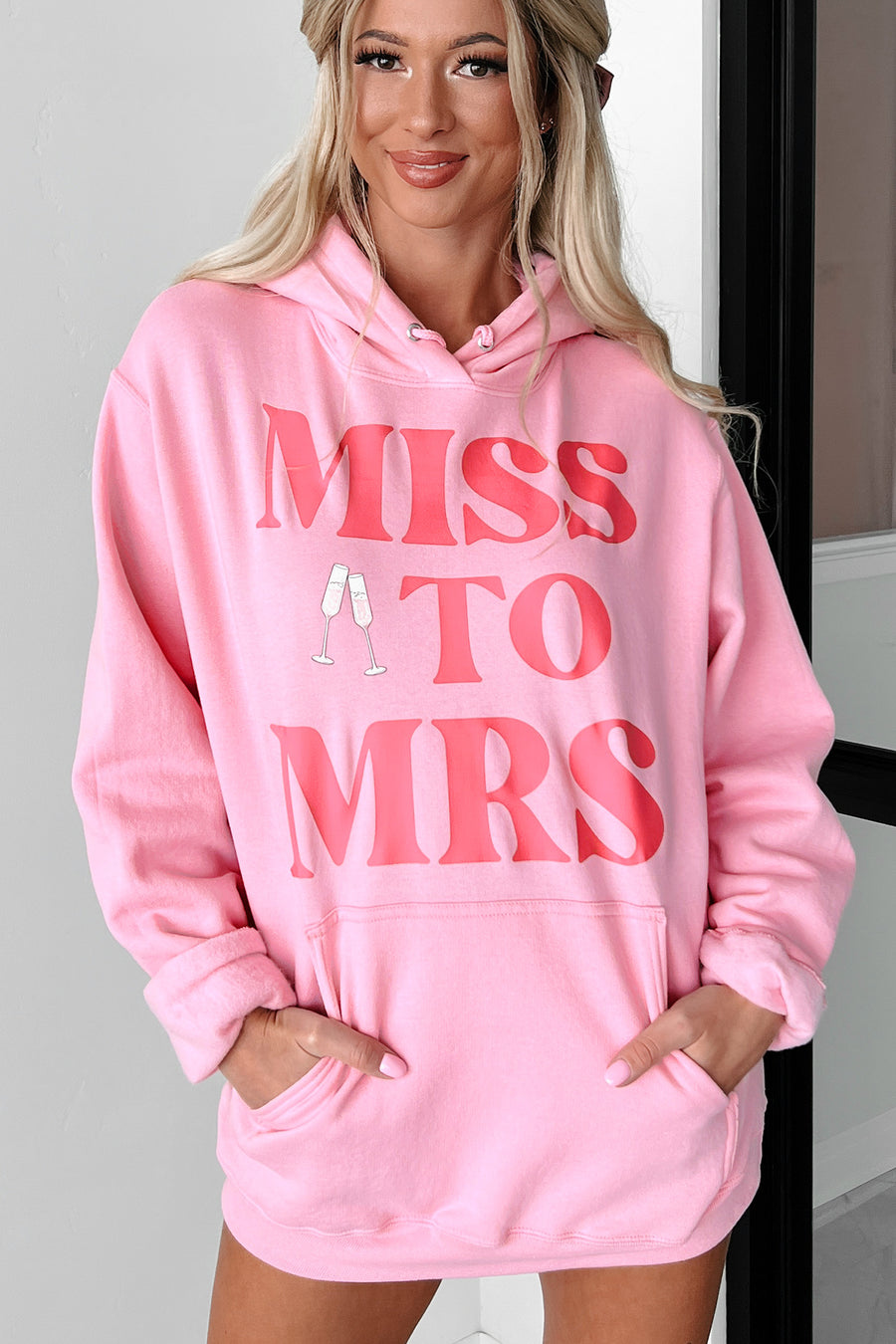 "Miss To Mrs." Graphic Hoodie (Candy Pink) - Print On Demand - NanaMacs