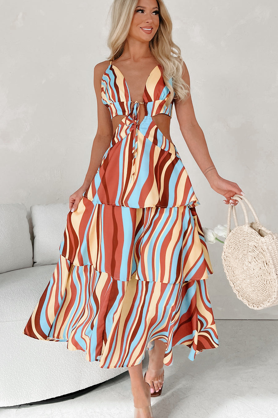 Bet You See Me Now Cut-Out Striped Tiered Maxi Dress (Multi) - NanaMacs